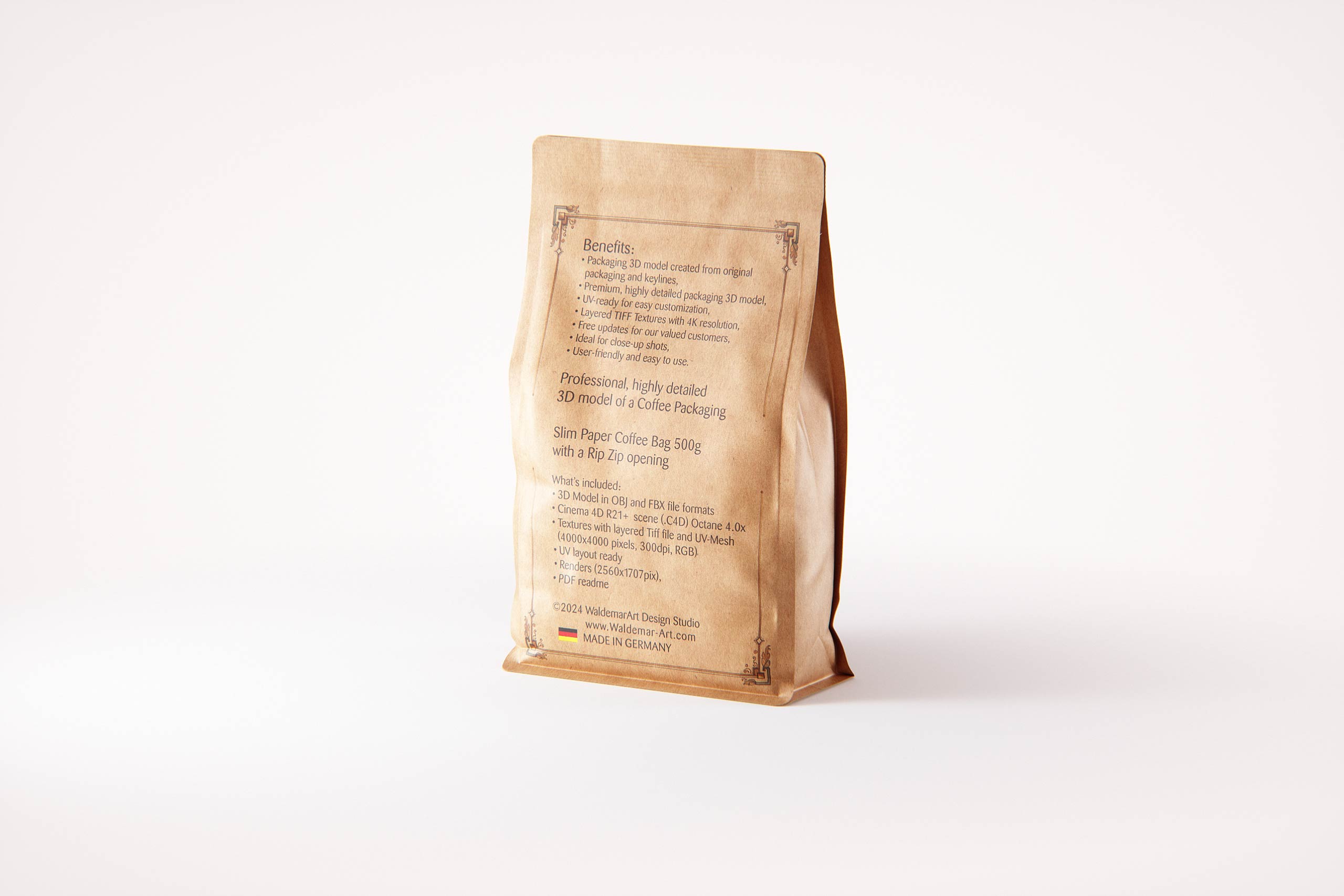 Premium packaging 3d model of Craft Paper Coffee Bag 500g with Rip Zip opening