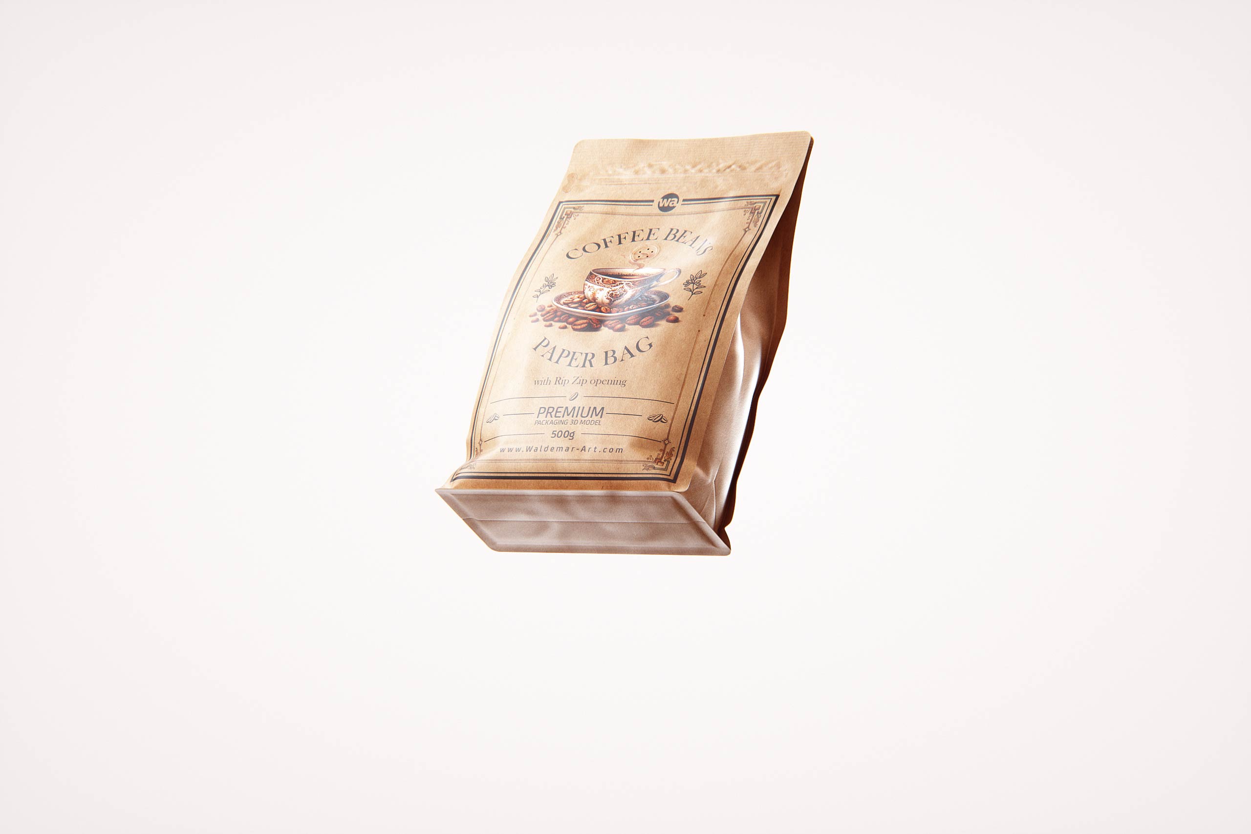 Premium packaging 3d model of Craft Paper Coffee Bag 500g with Rip Zip opening