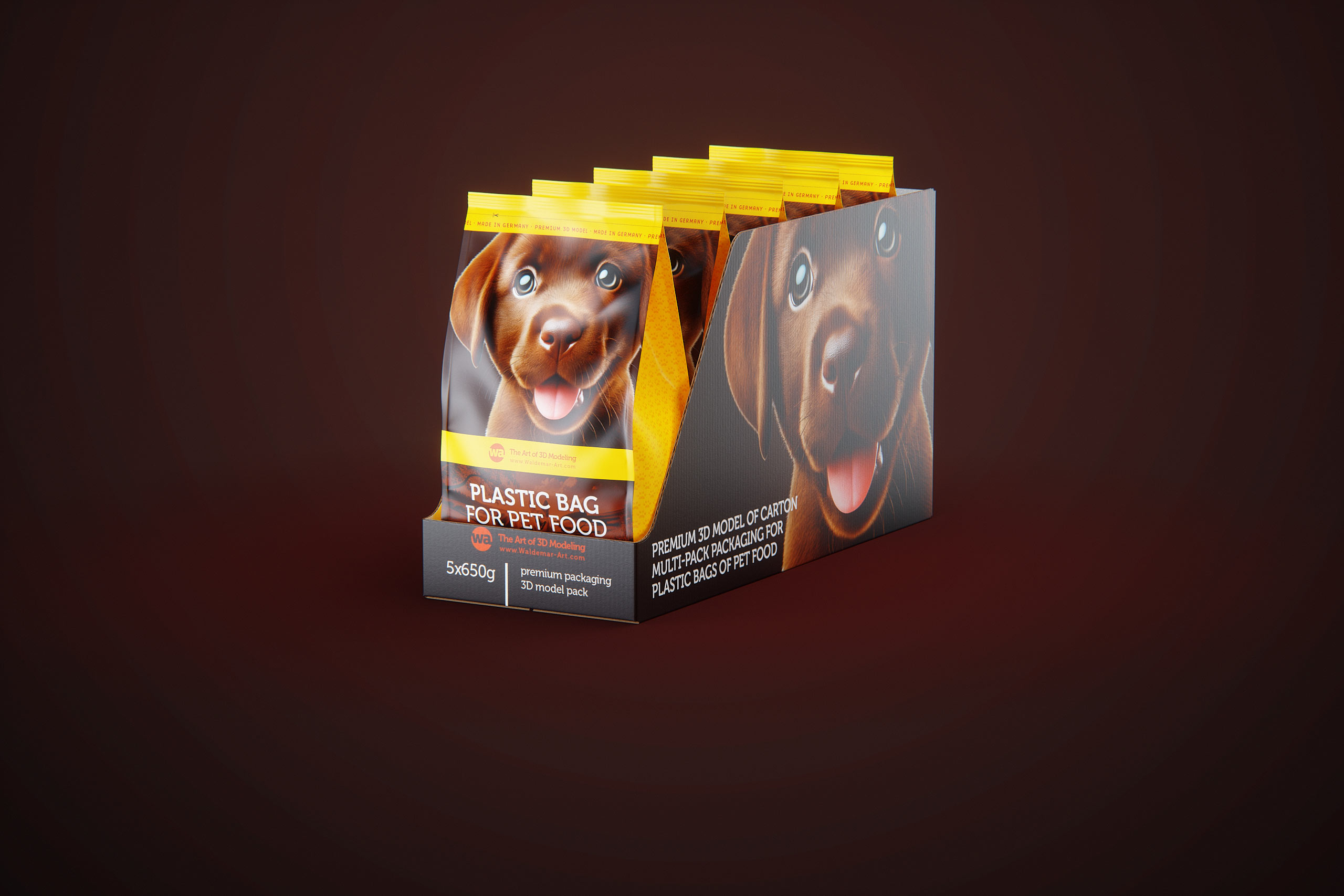 Cardboard multi-pack packaging for 5x650g plastic bags of pet food premium 3d model