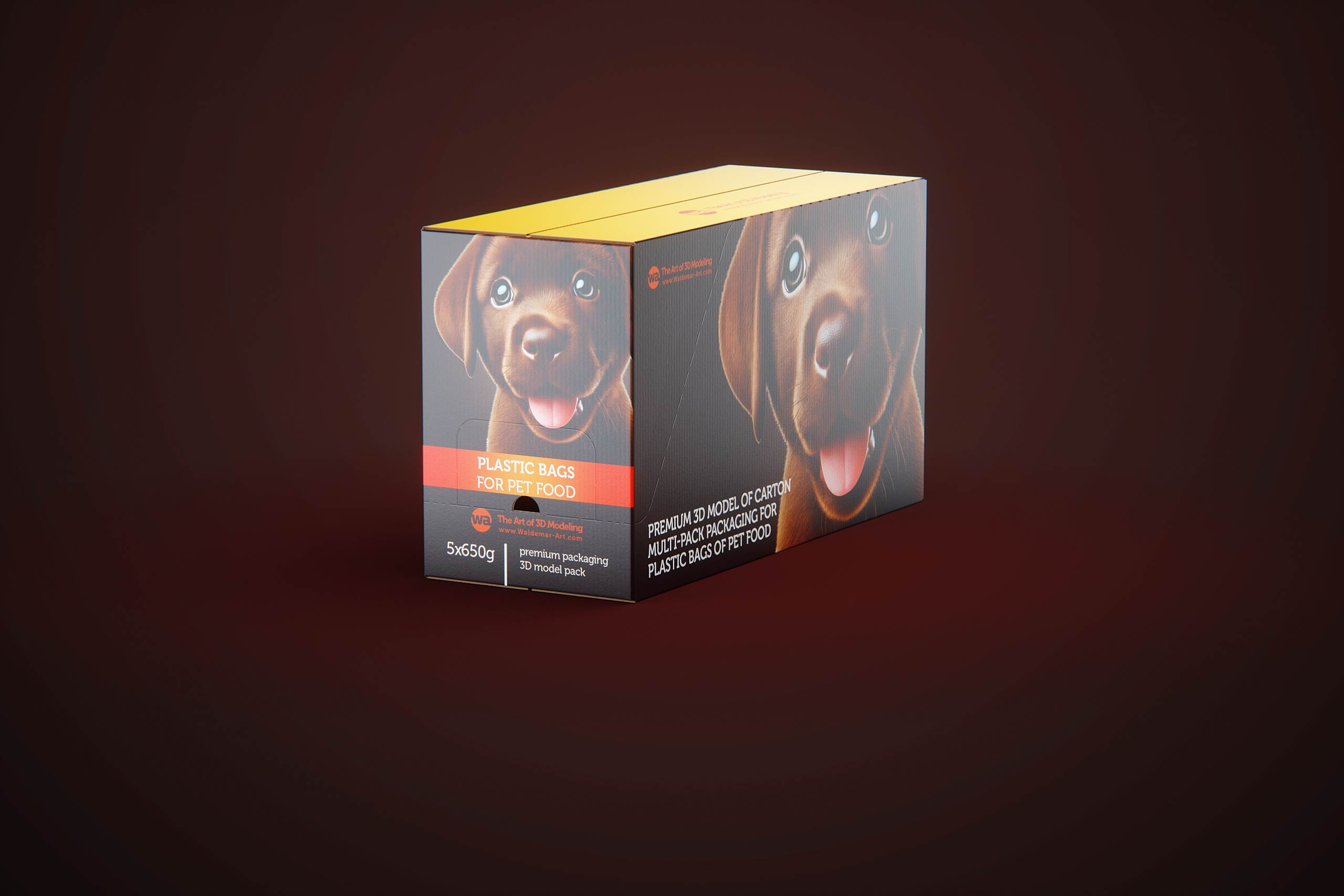 Cardboard multi-pack packaging for 5x650g plastic bags of pet food premium 3d model