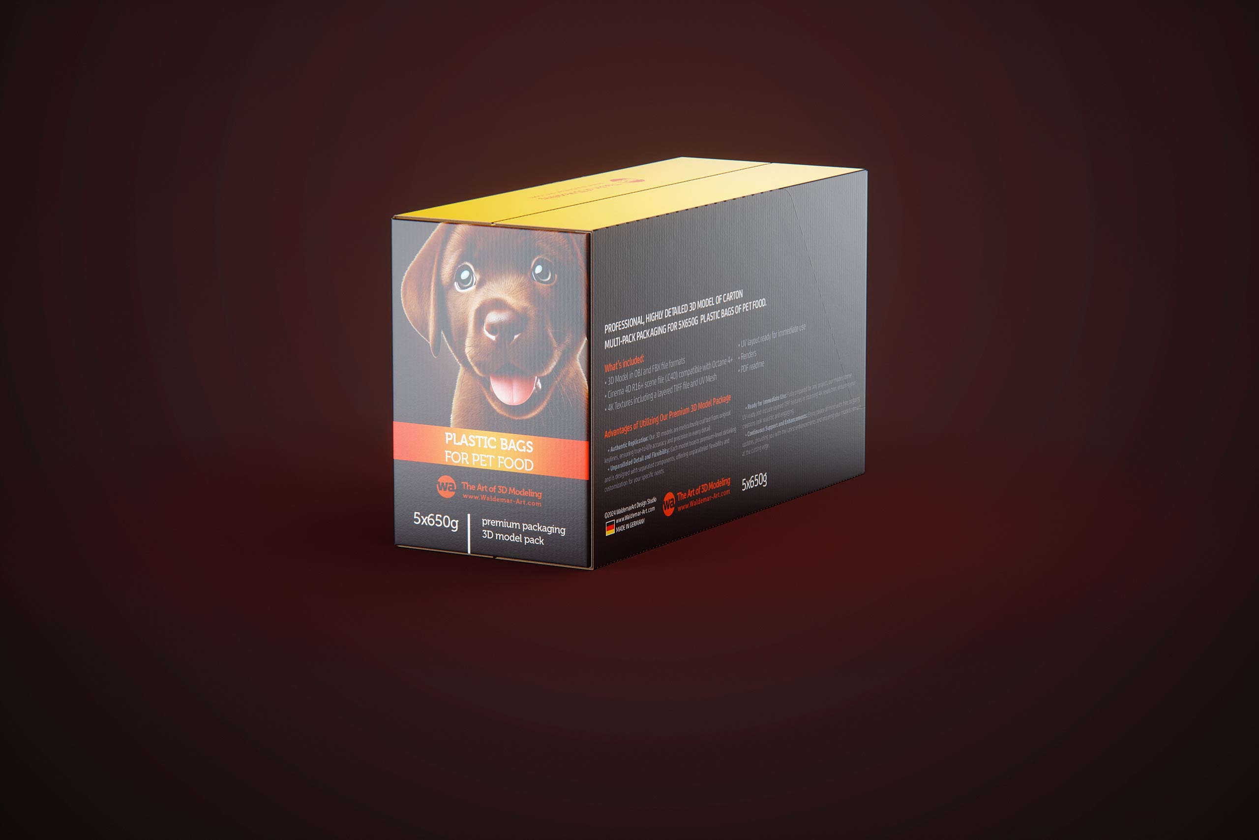 Cardboard multi-pack packaging for 5x650g plastic bags of pet food premium 3d model