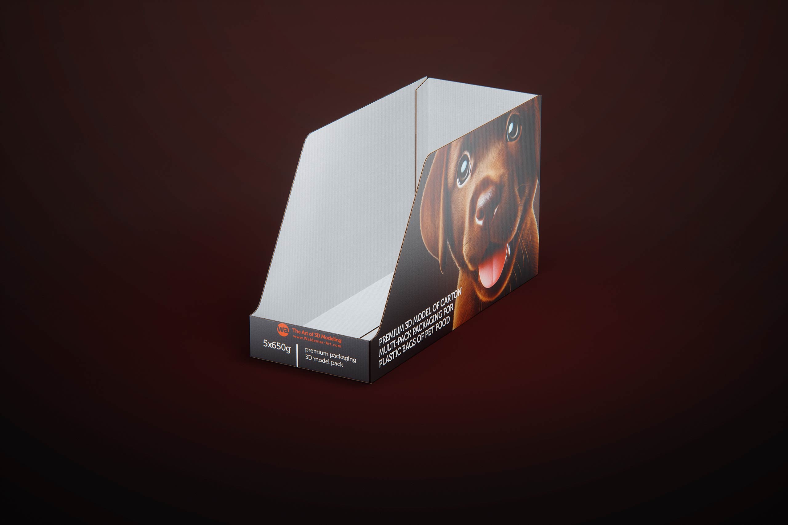Cardboard multi-pack packaging for 5x650g plastic bags of pet food premium 3d model