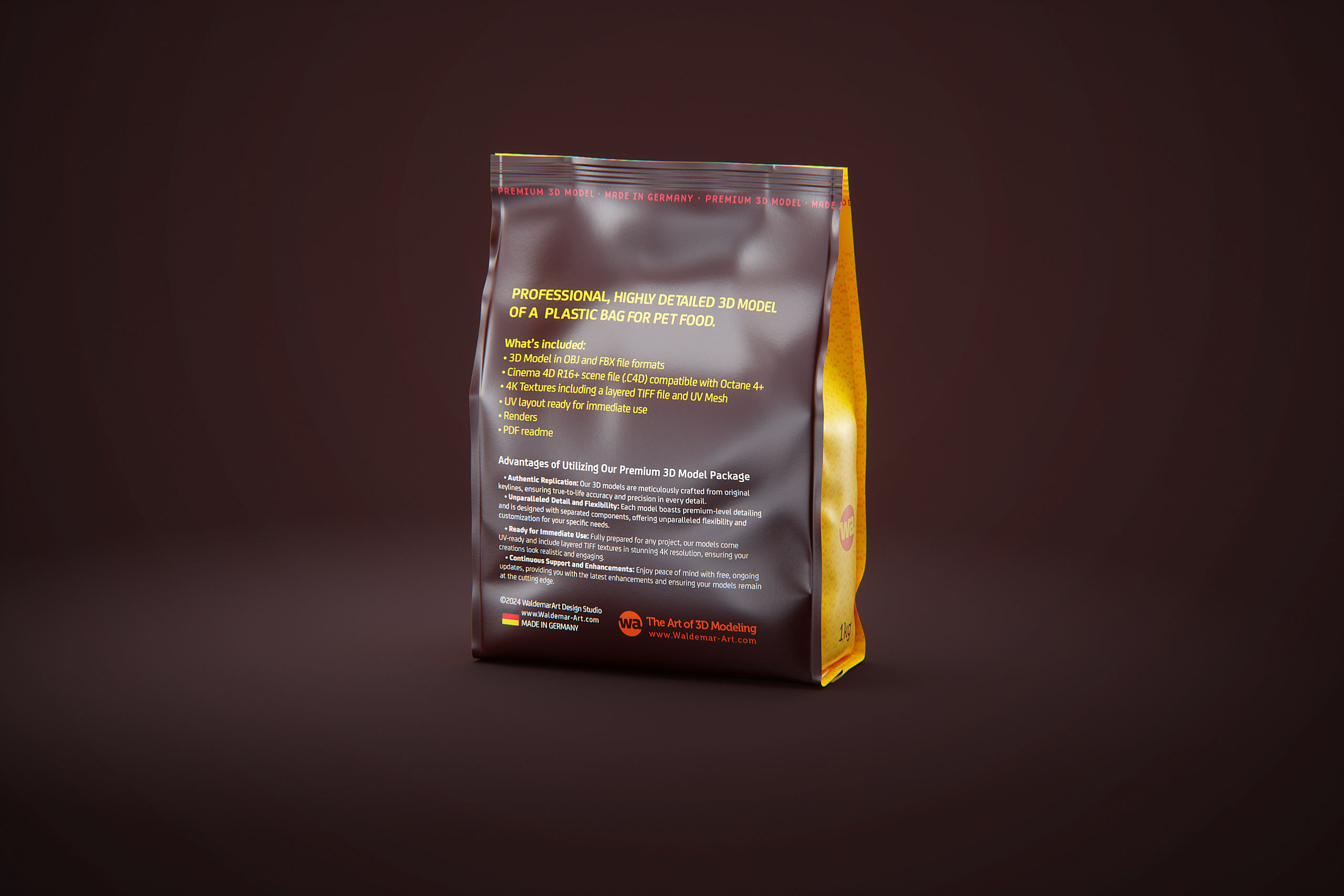 Premium 3D model of a 1kg/900g plastic bag of pet food packaging