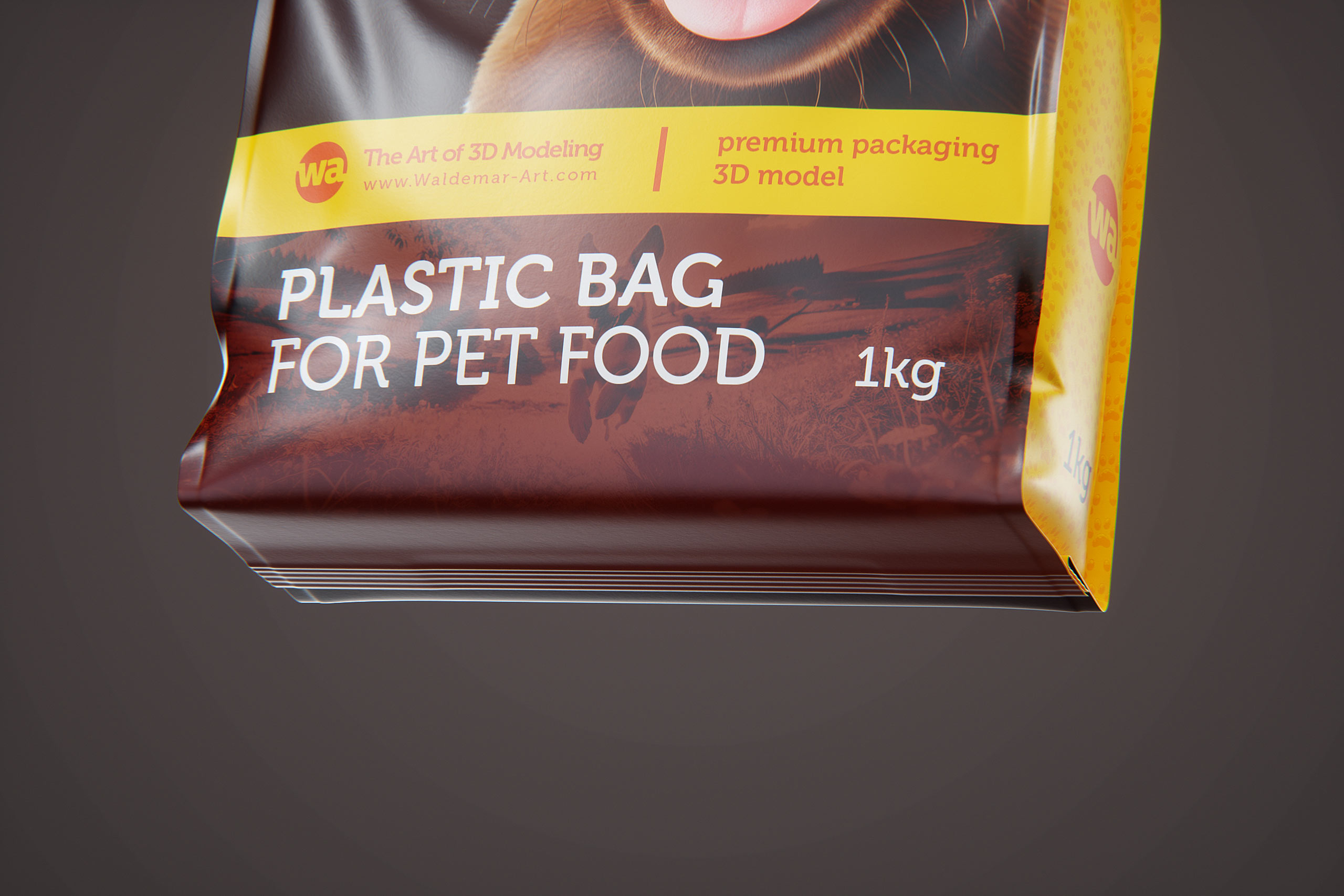 Premium 3D model of a 1kg/900g plastic bag of pet food packaging