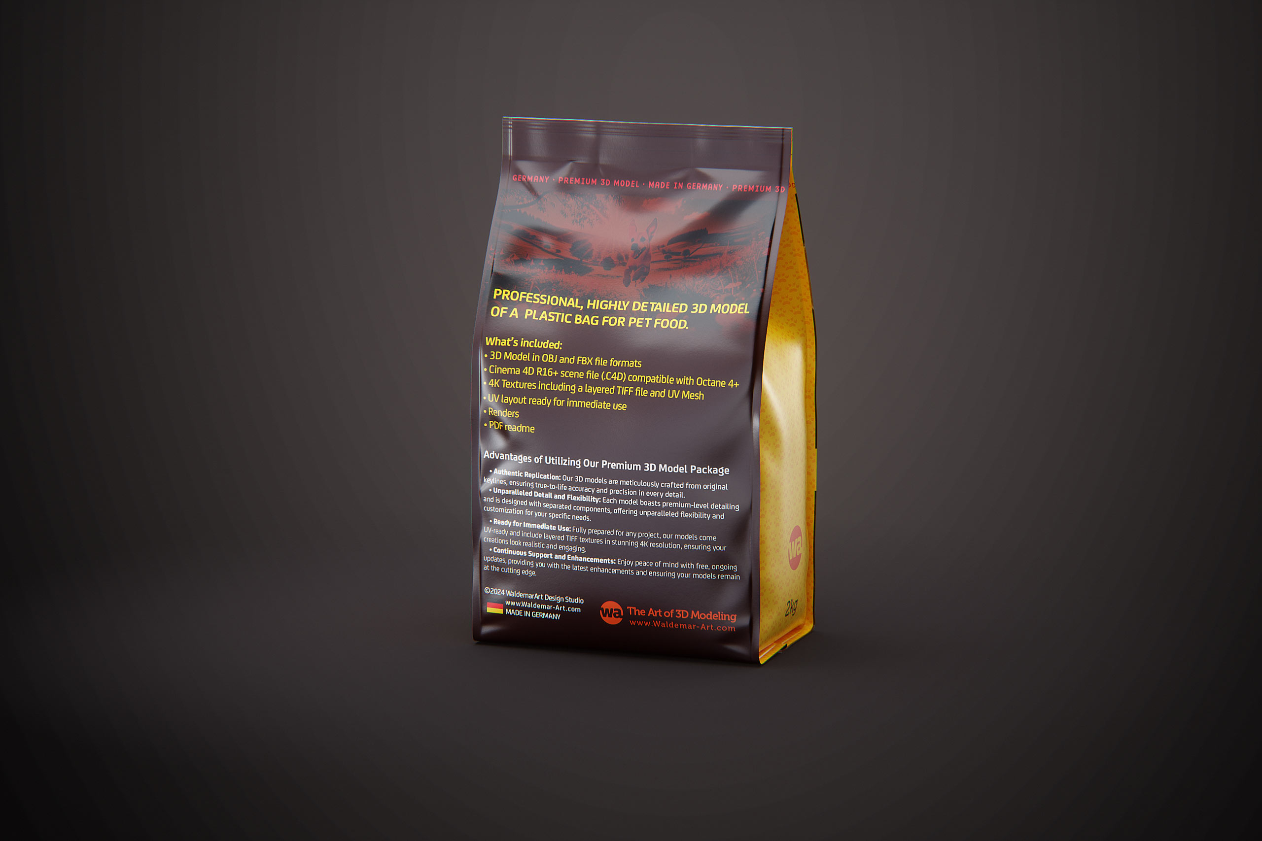 Premium 3D model of a 2kg plastic bag of pet food packaging