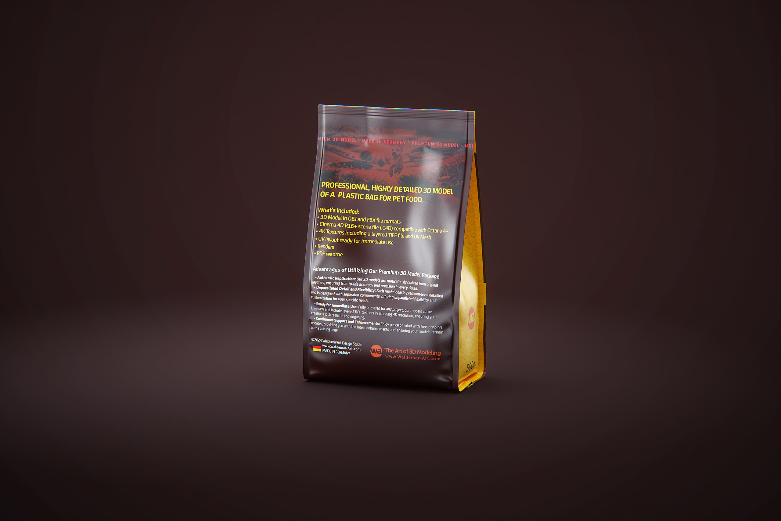 Premium 3D model of a 500(400)g plastic bag of pet food packaging