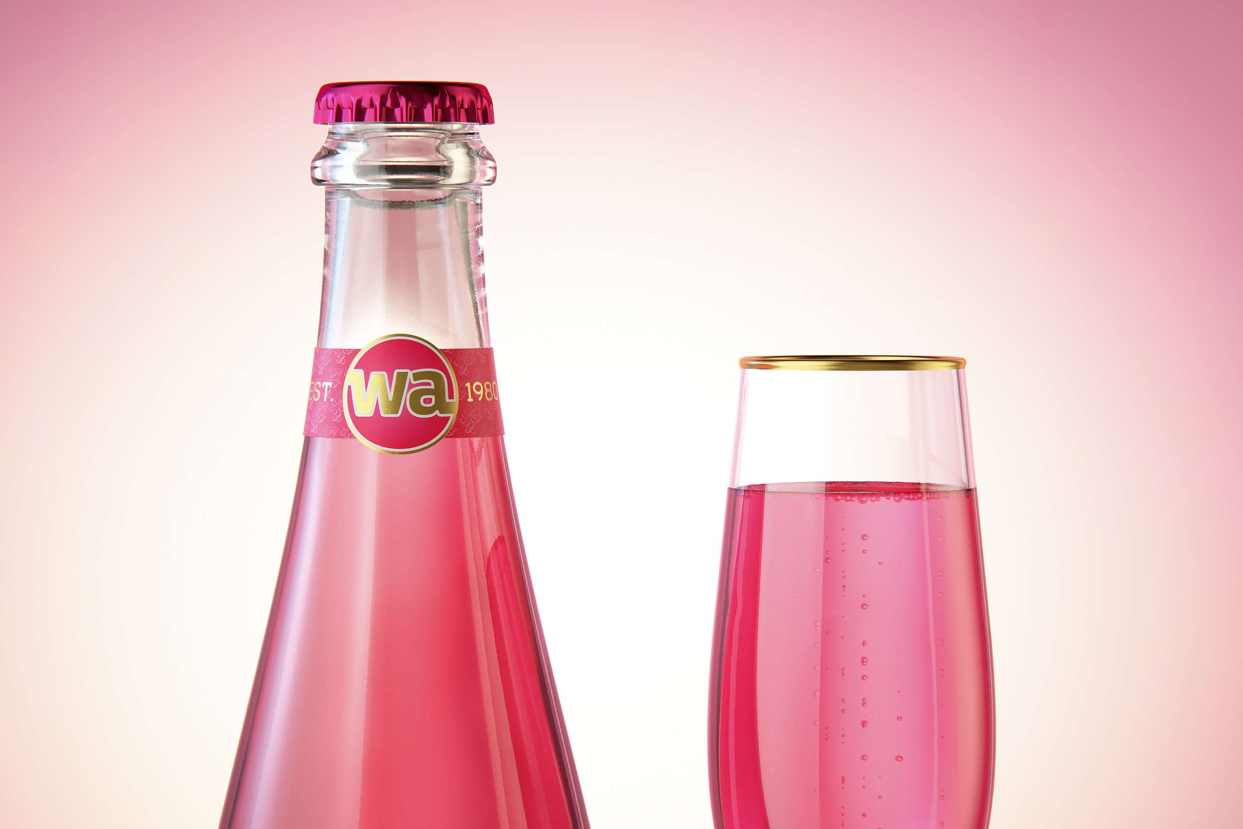 Prosecco (Frizzante) glass bottle 3D model 750ml with Crown cork and glass of fruit wine