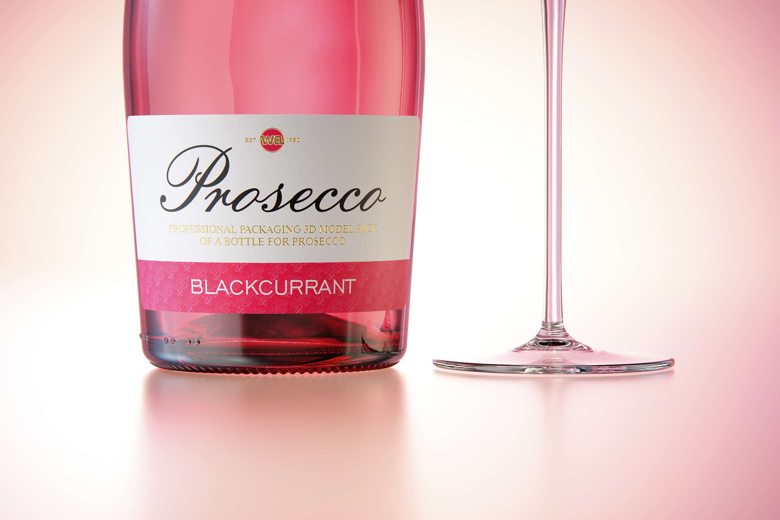 Prosecco (Frizzante) glass bottle 3D model 750ml with Crown cork and glass of fruit wine