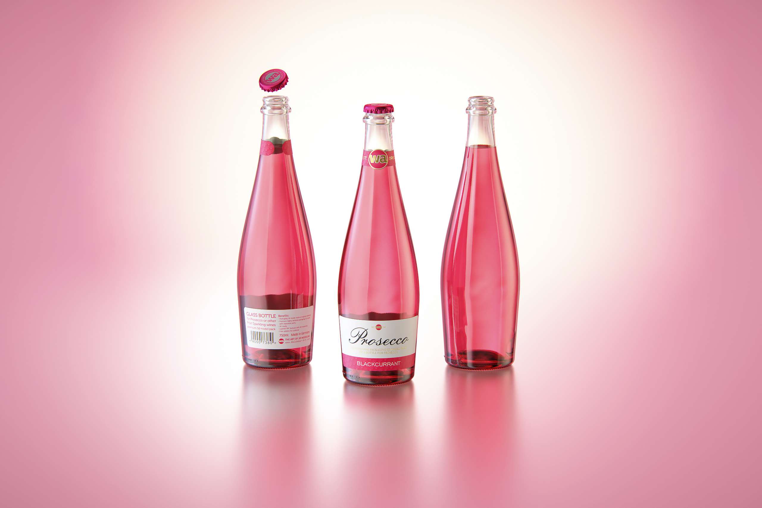 Prosecco (Frizzante) glass bottle 3D model 750ml with Crown cork and glass of fruit wine
