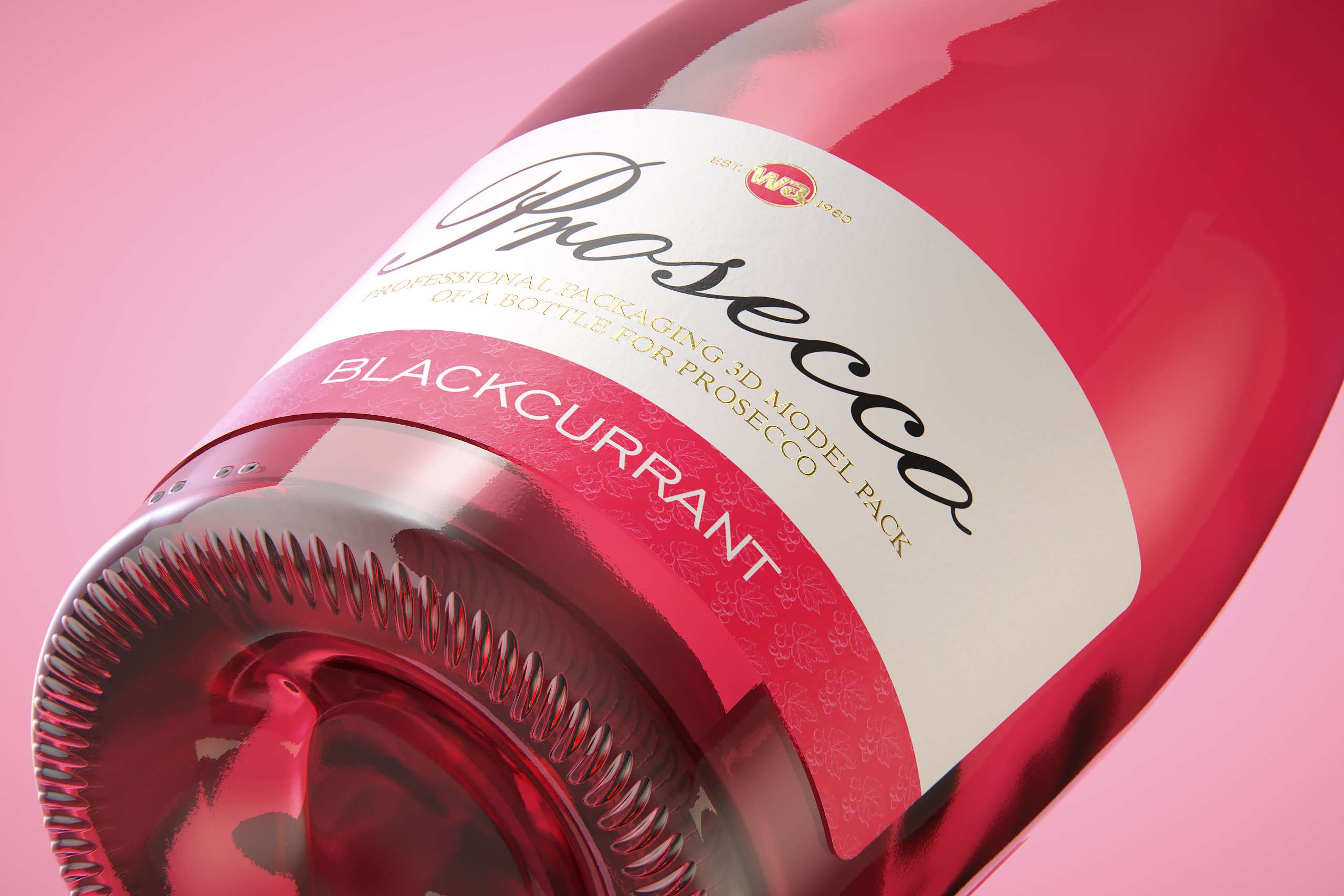 Prosecco (Frizzante) glass bottle 3D model 750ml with Crown cork and glass of fruit wine