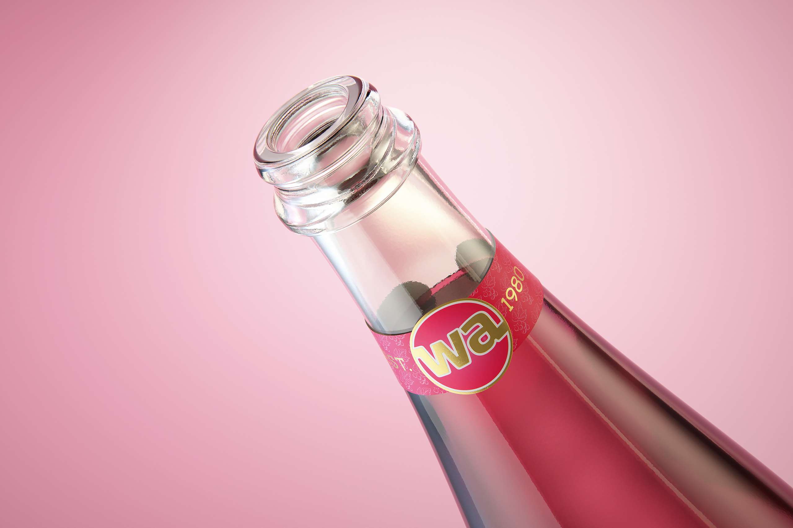 Prosecco (Frizzante) glass bottle 3D model 750ml with Crown cork and glass of fruit wine