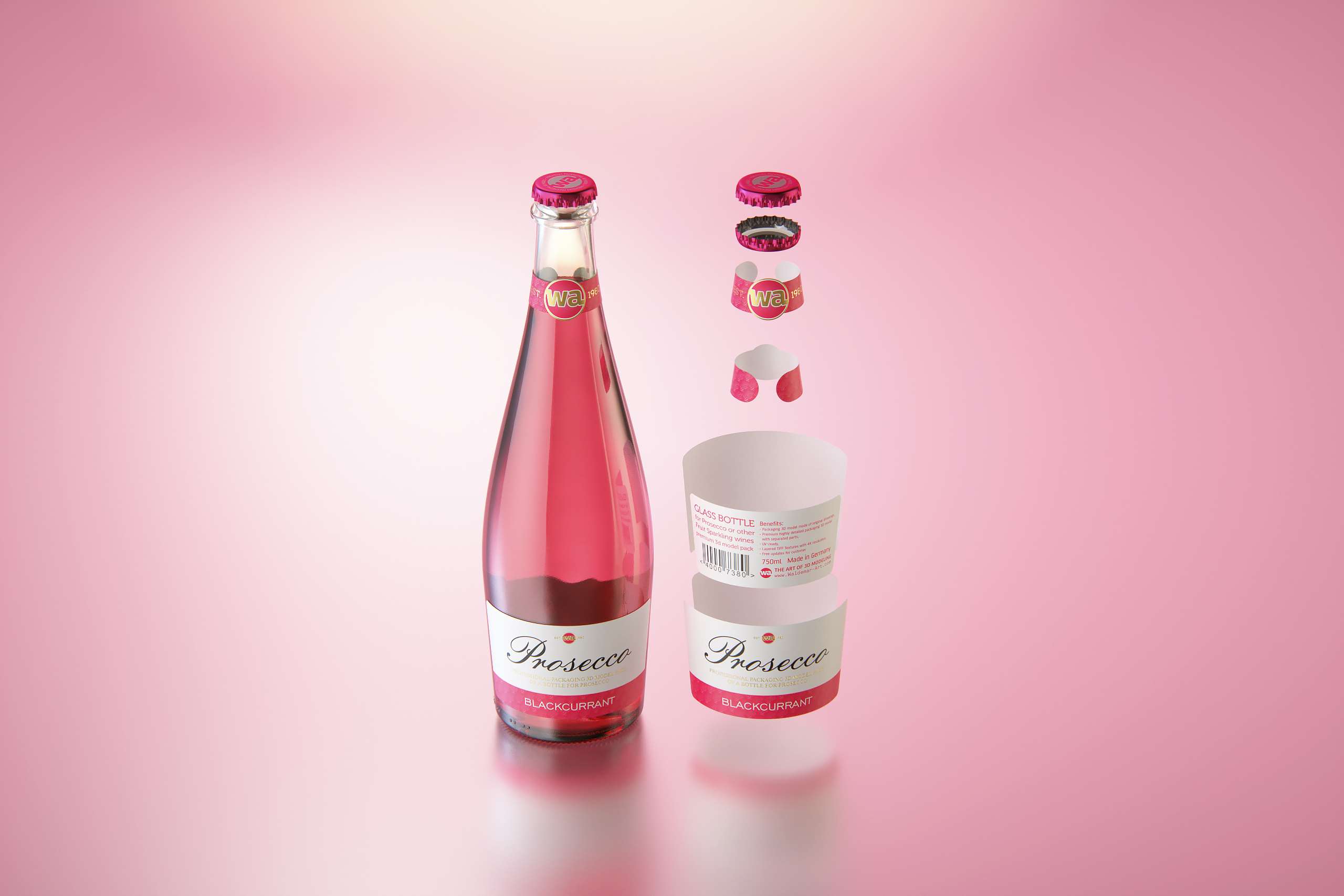 Prosecco (Frizzante) glass bottle 3D model 750ml with Crown cork and glass of fruit wine