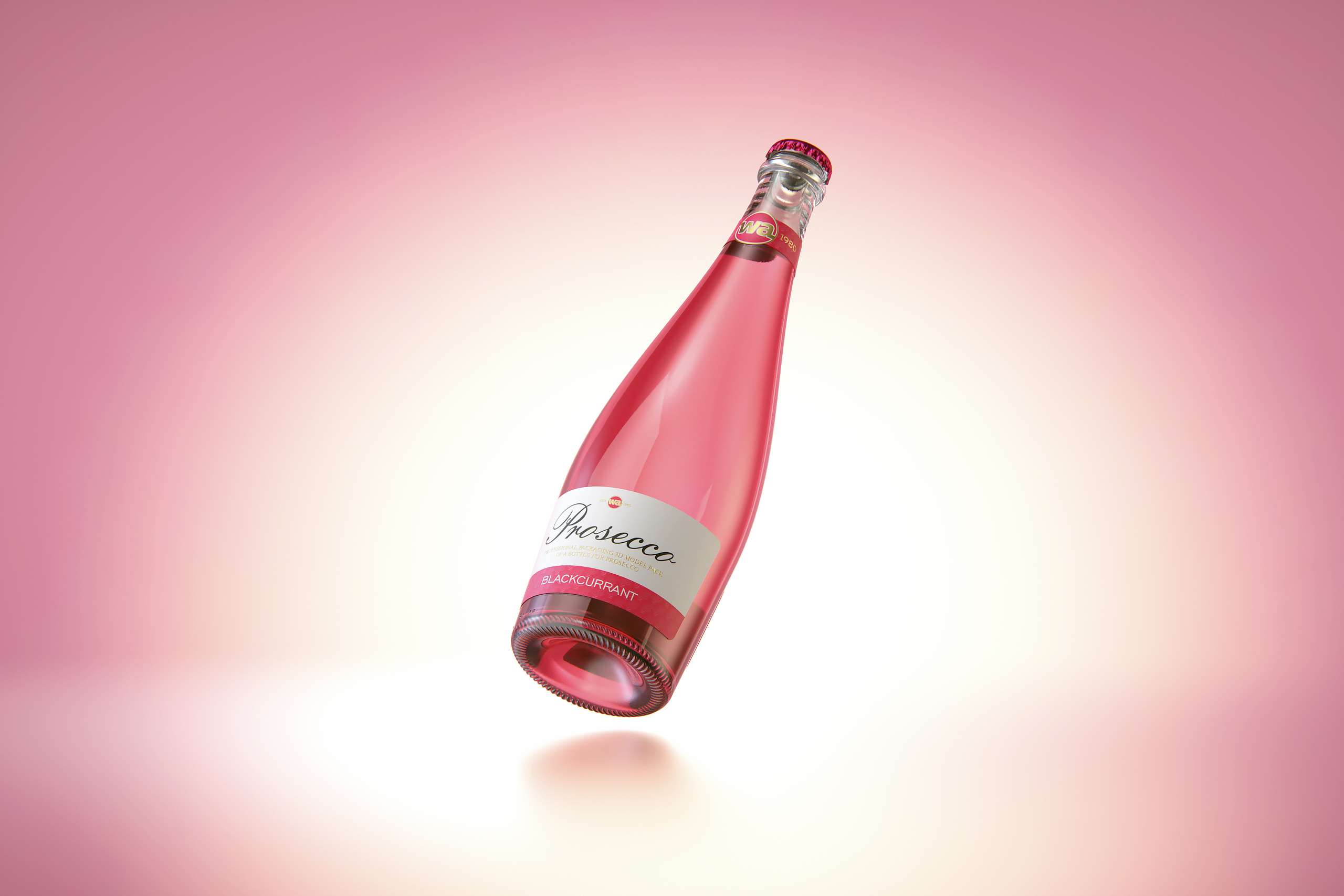 Prosecco (Frizzante) glass bottle 3D model 750ml with Crown cork and glass of fruit wine