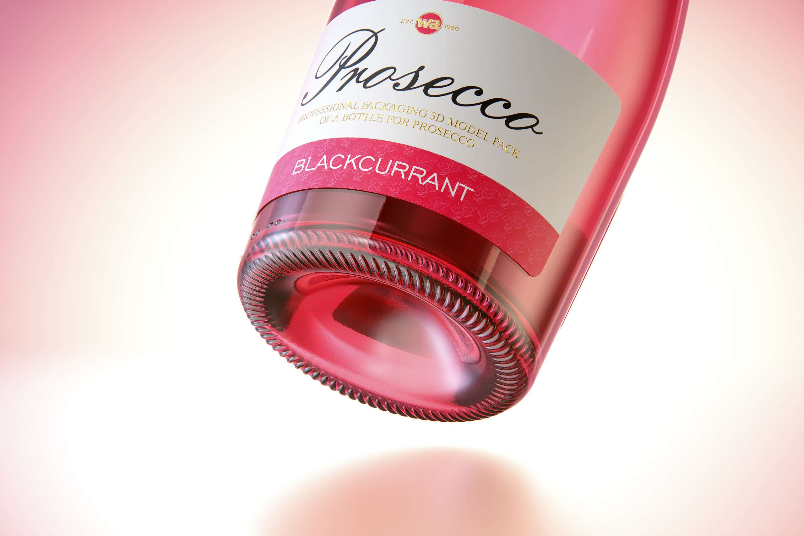 Prosecco (Frizzante) glass bottle 3D model 750ml with Crown cork and glass of fruit wine