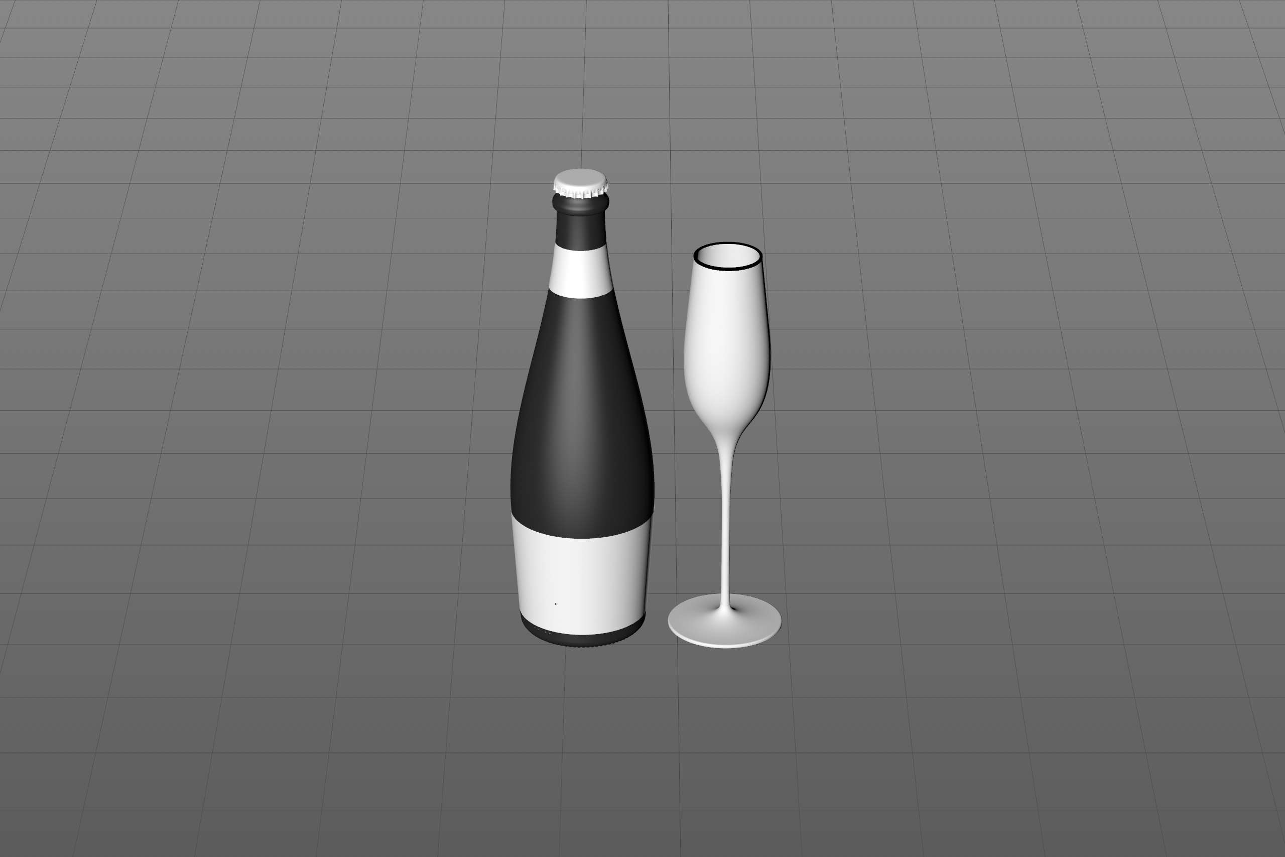 Prosecco (Frizzante) glass bottle 3D model 750ml with Crown cork and glass of fruit wine