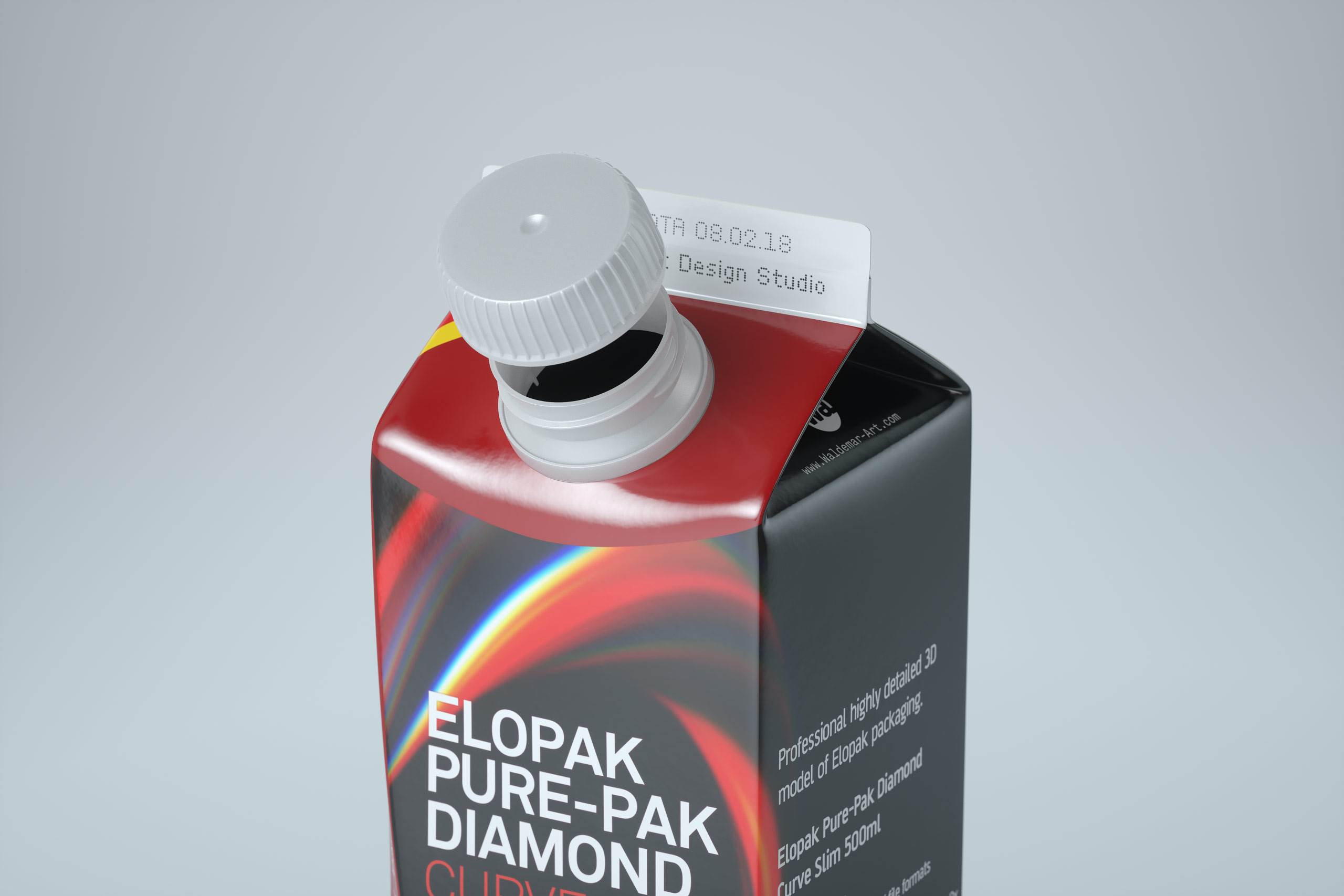 Elopak Pure-Pak Diamond Curve Slim 500ml Premium packaging 3D model – close-up with an open cap