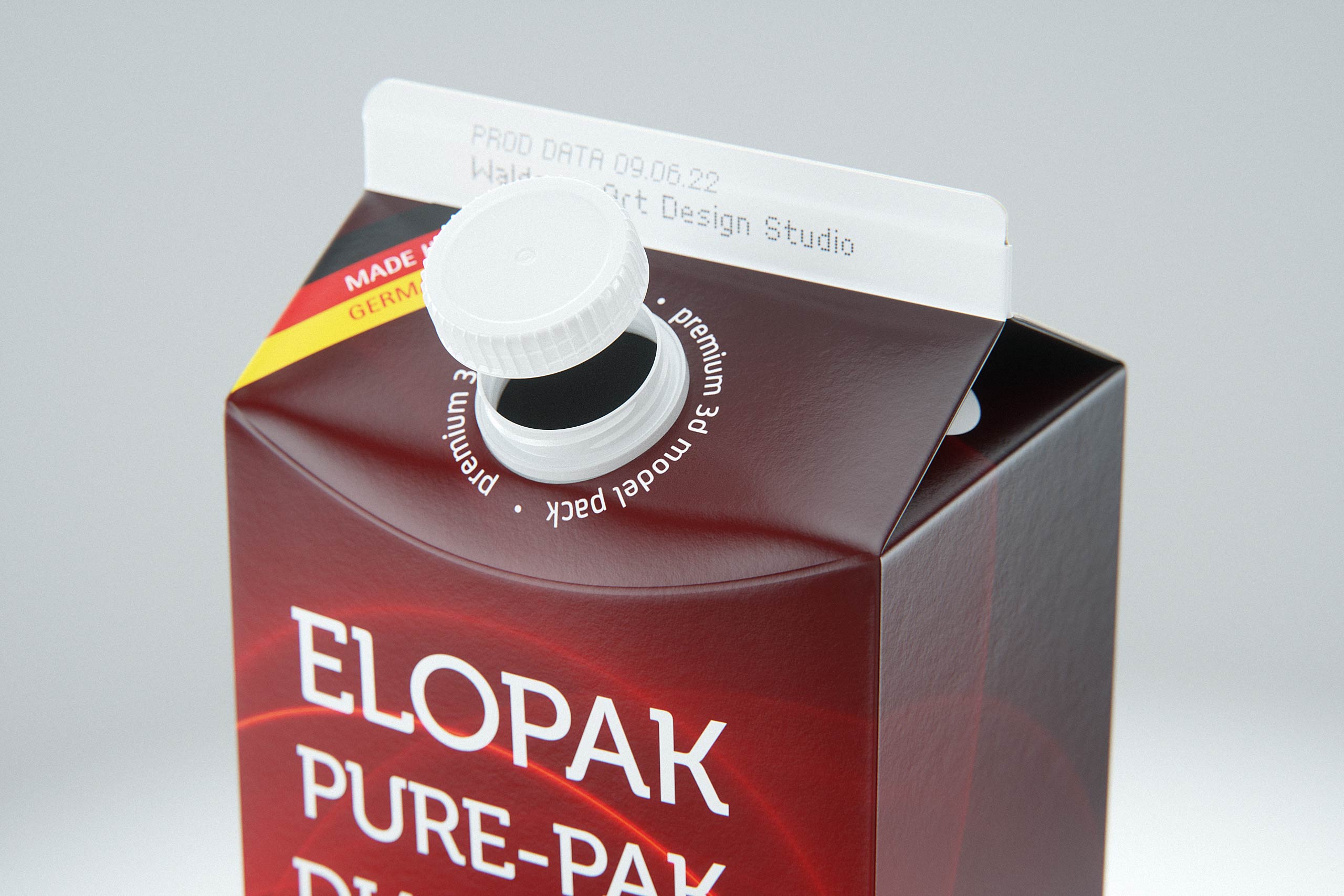 Elopak Pure-Pak Diamond Slim 1500ml carton packaging 3D model pack - close-up view with an open cap