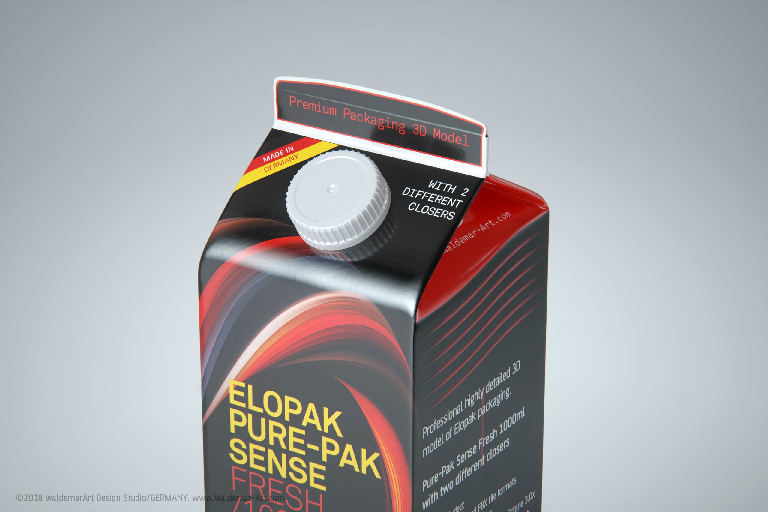 Premium 3D model of Elopak Pure-Pak Sense Fresh 1000ml with two openings - close-up view