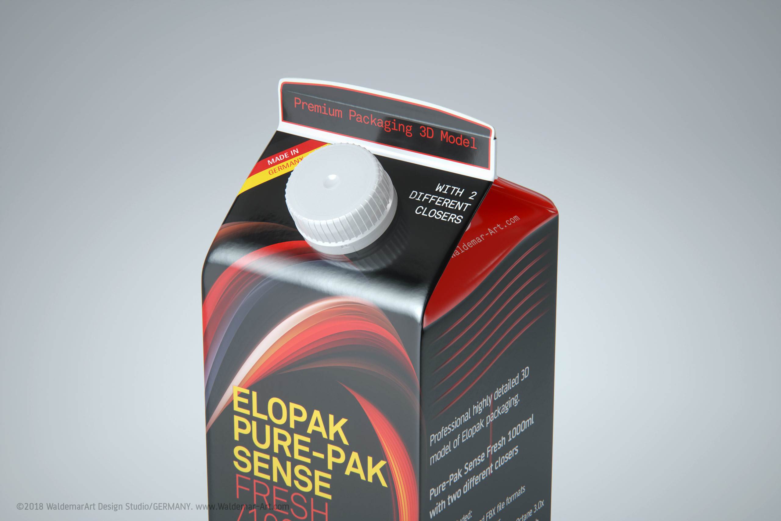 Premium 3D model of Elopak Pure-Pak Sense Fresh 1000ml with two openings - close-up view with another cap