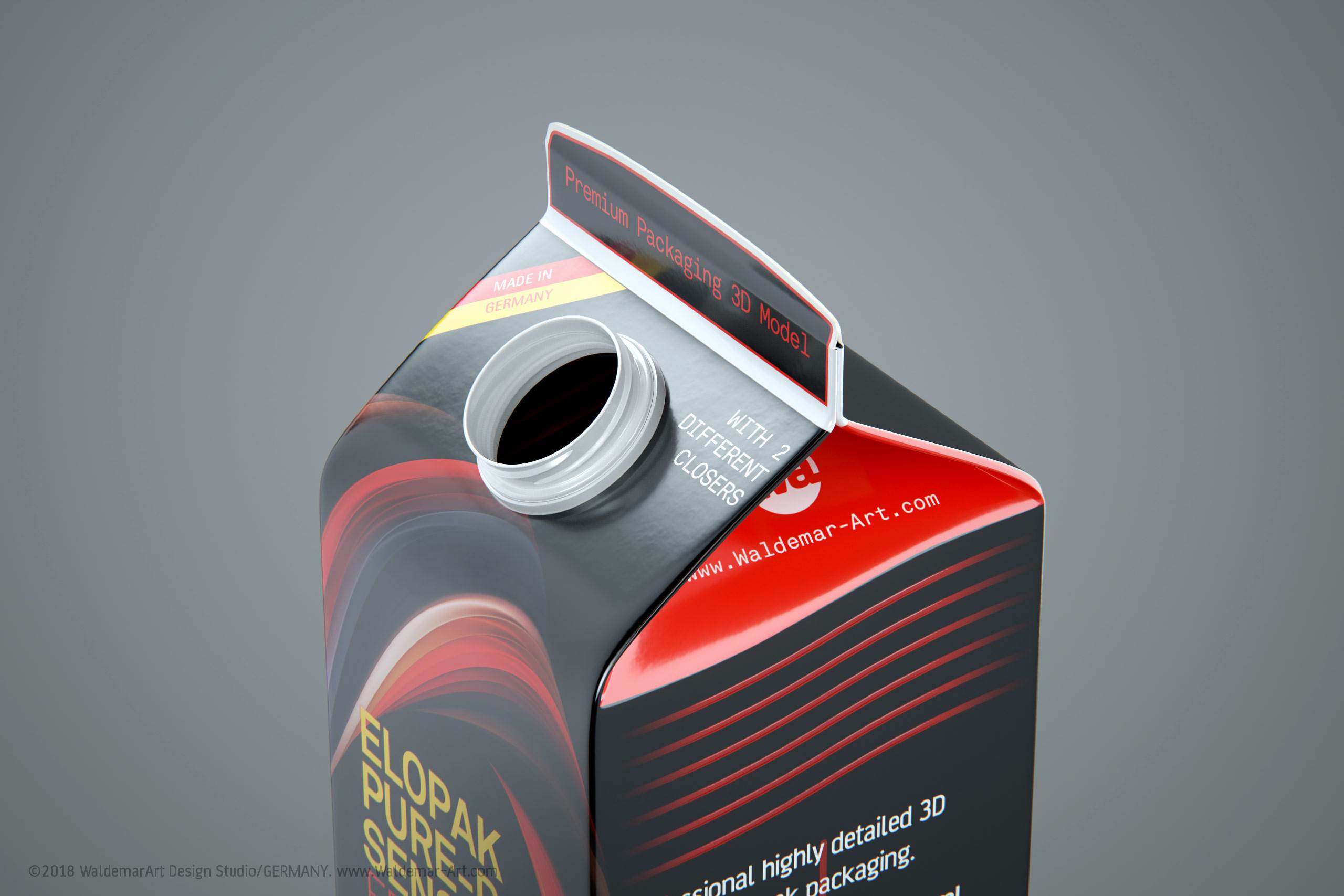Premium 3D model of Elopak Pure-Pak Sense Fresh 1000ml with two openings - opened side view