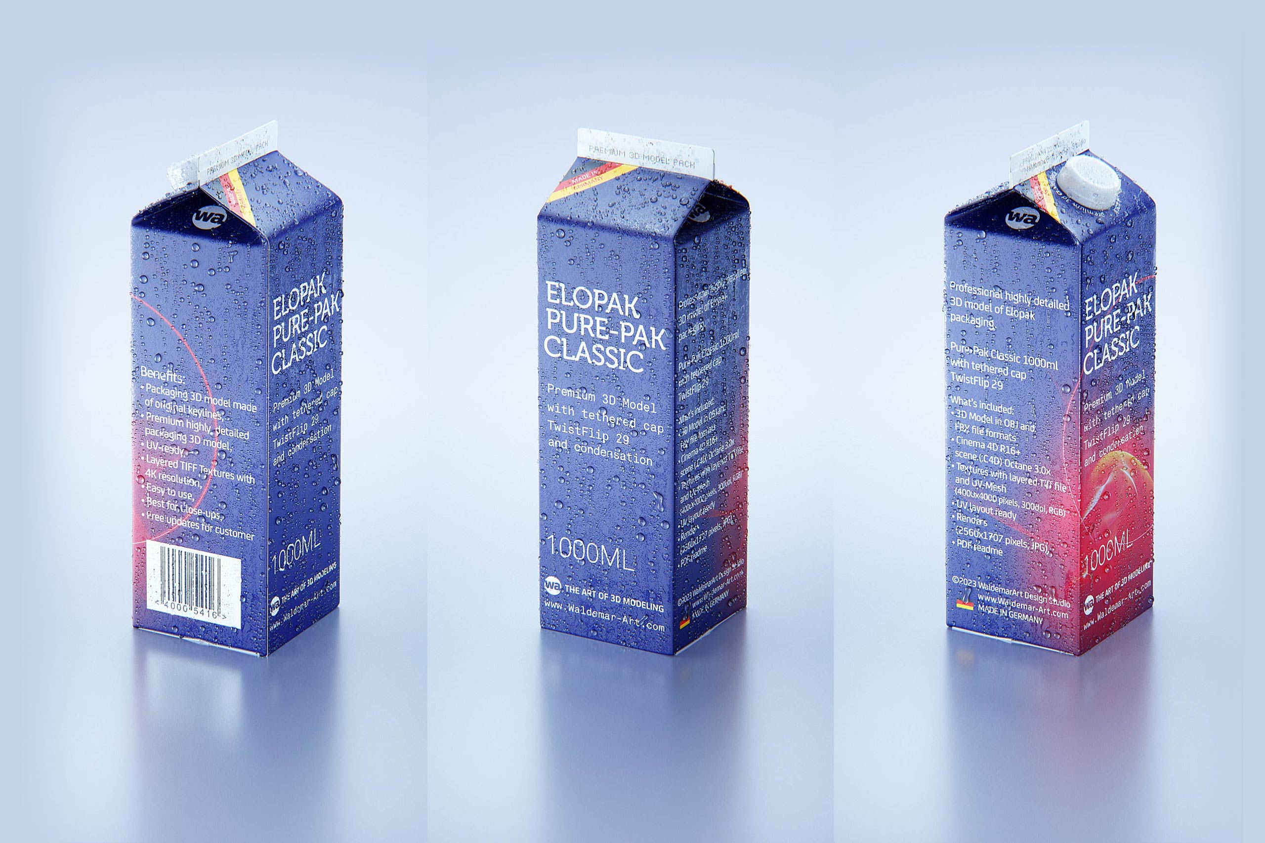 Elopak Pure-pak Classic 1000ml with tethered cap TwistFlip 29 and Condensation Premium 3D model pack - additional views