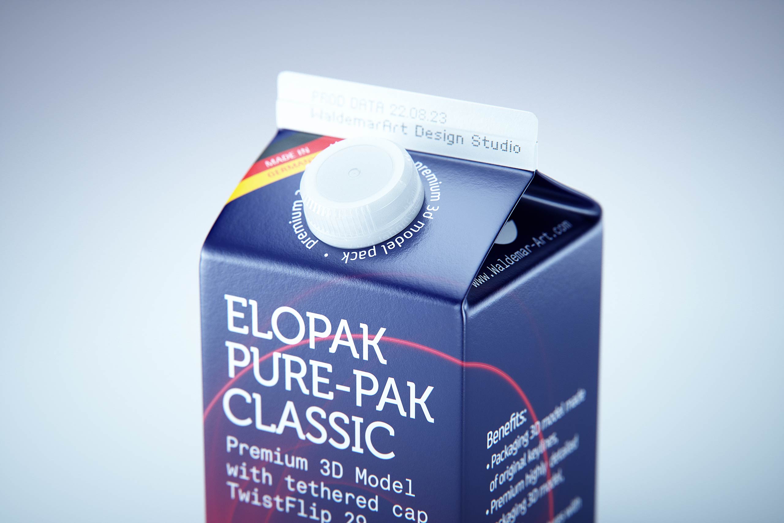 Premium milk packaging 3D model of Elopak Pure-Pak Classic 500ml with tethered cap TwistFlip 29