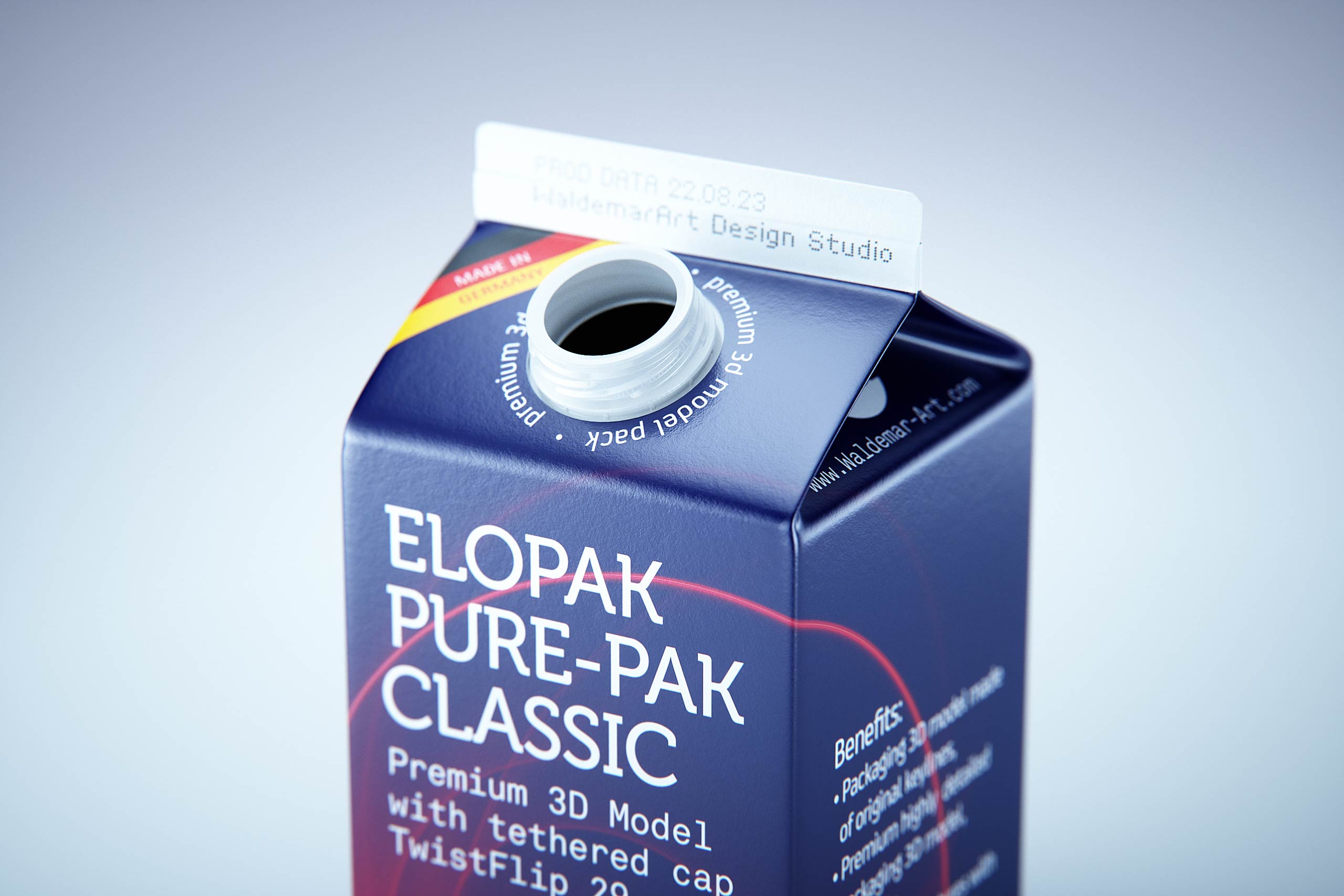 Premium milk packaging 3D model of Elopak Pure-Pak Classic 500ml with tethered cap TwistFlip 29