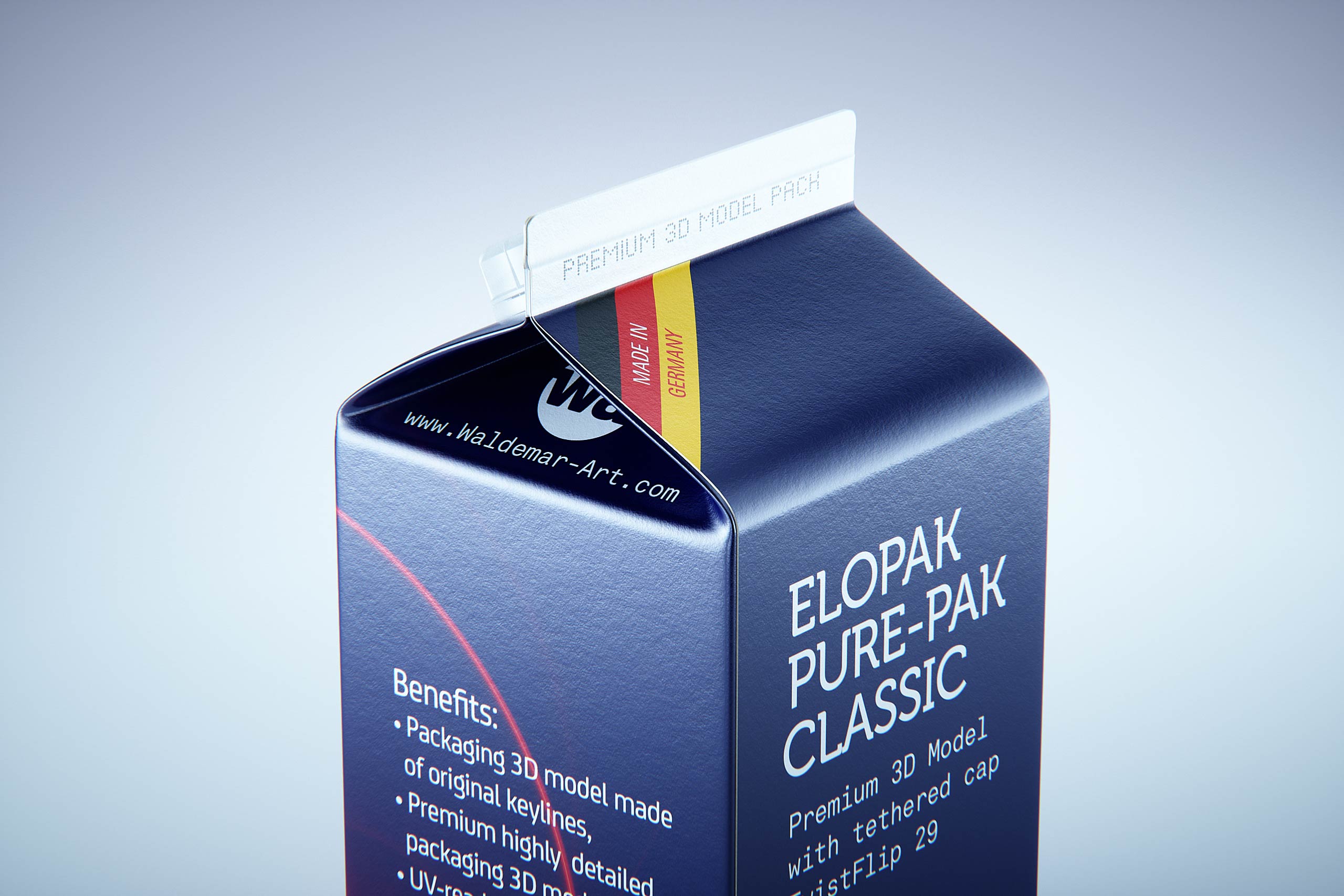 Premium milk packaging 3D model of Elopak Pure-Pak Classic 500ml with tethered cap TwistFlip 29