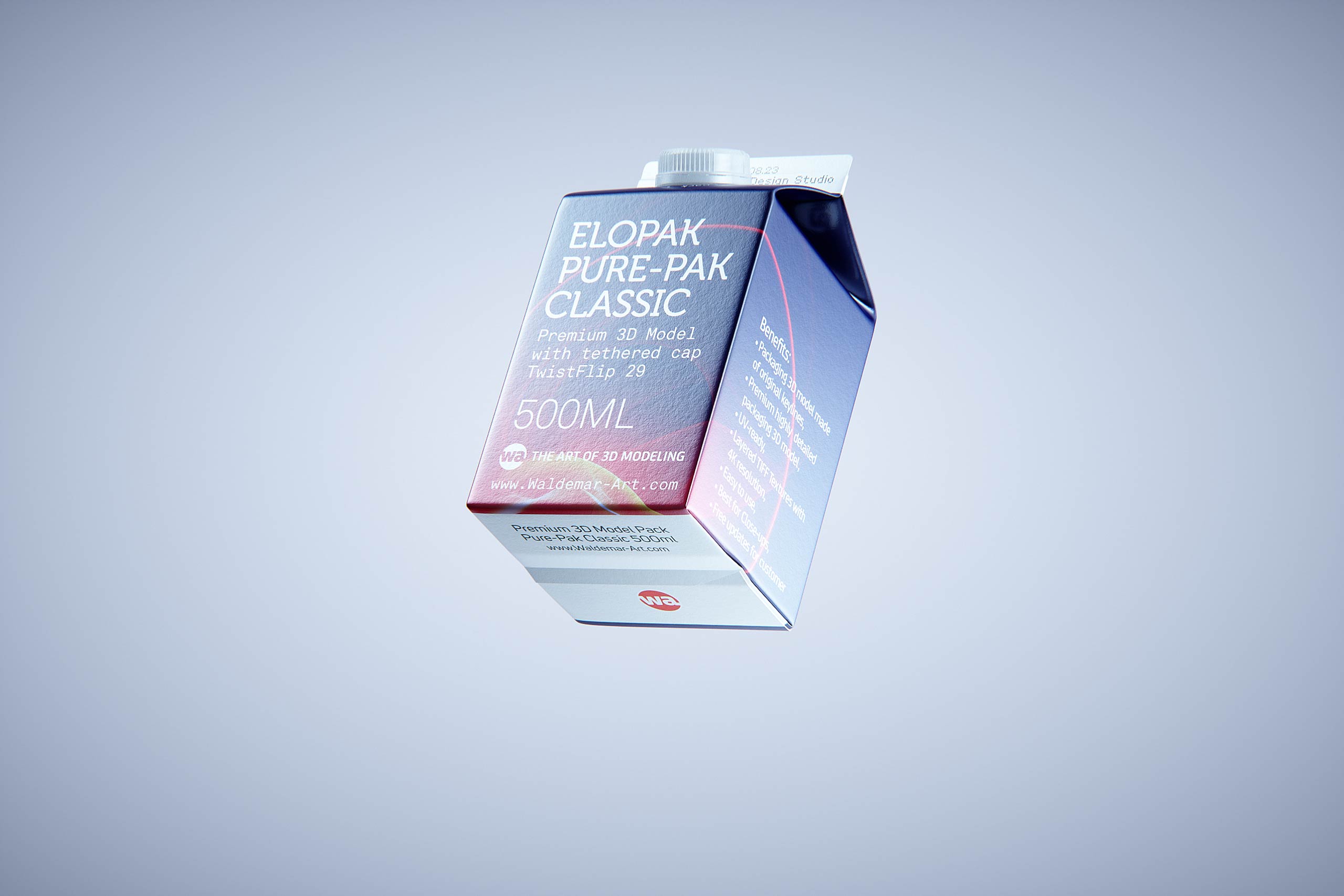 Premium milk packaging 3D model of Elopak Pure-Pak Classic 500ml with tethered cap TwistFlip 29