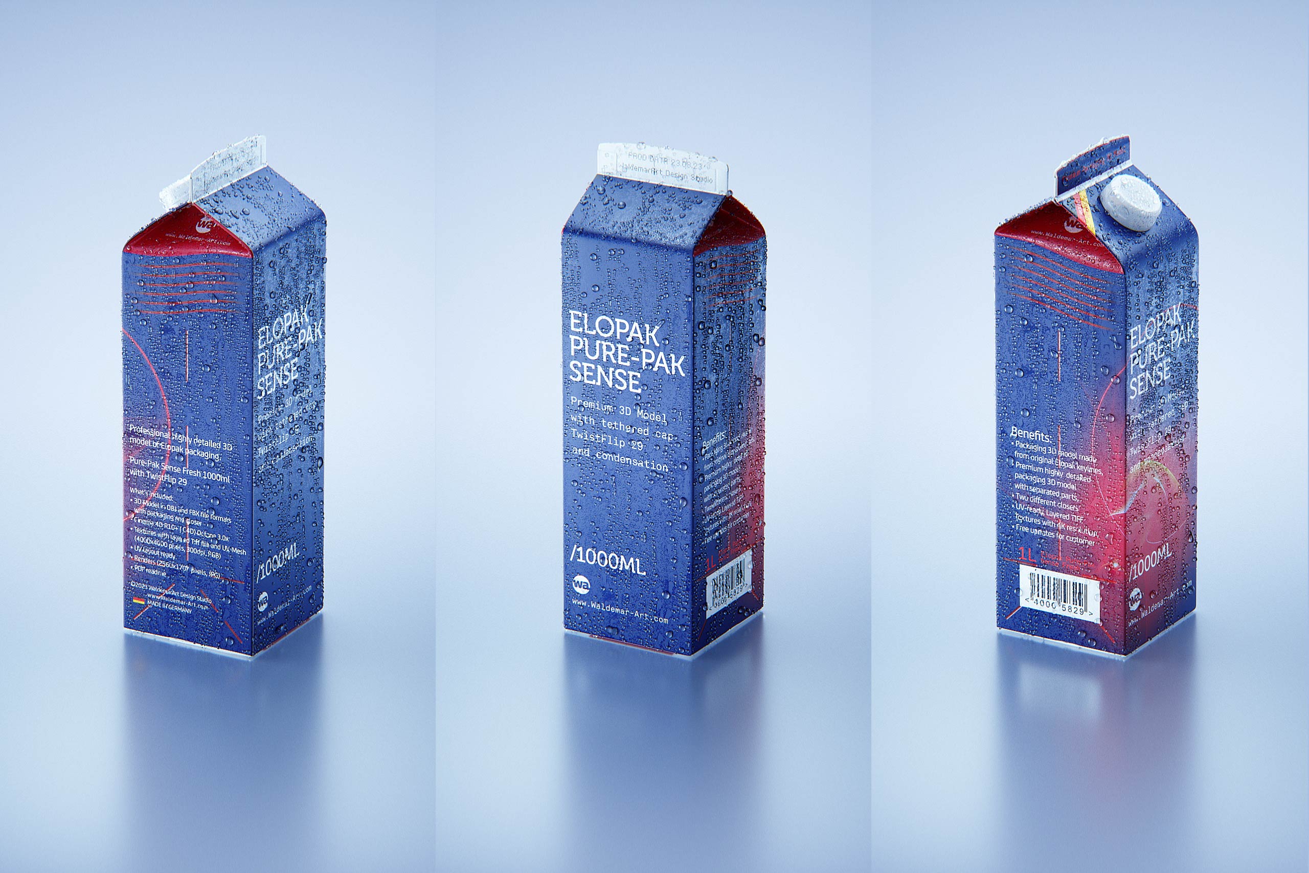 Elopak Pure-pak Sense 1000ml with tethered cap TwistFlip 29 and Condensation Premium 3D model pack