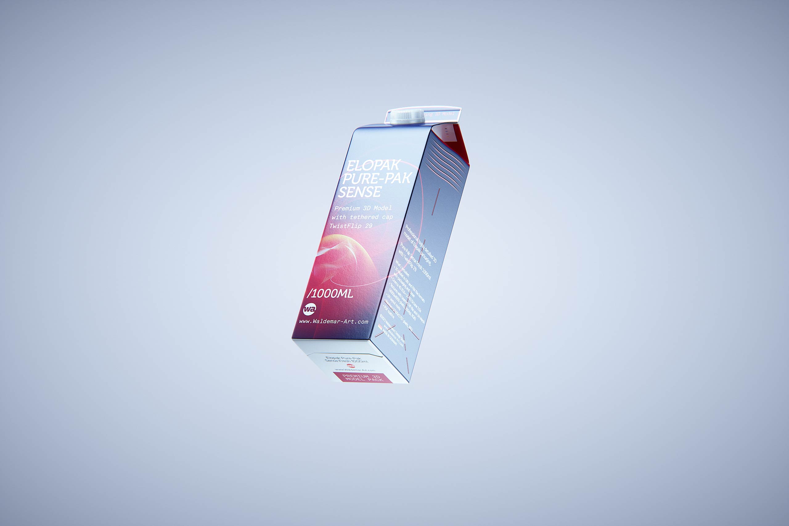 Premium milk packaging 3D model of Elopak Pure-Pak Sense 1000ml with tethered cap TwistFlip 29