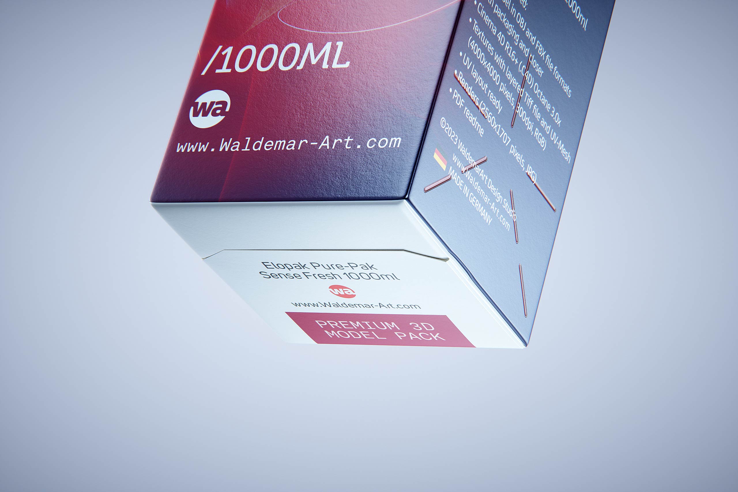 Premium carton packaging 3D model of Elopak Pure-Pak Sense 1000ml with tethered cap TwistFlip 34