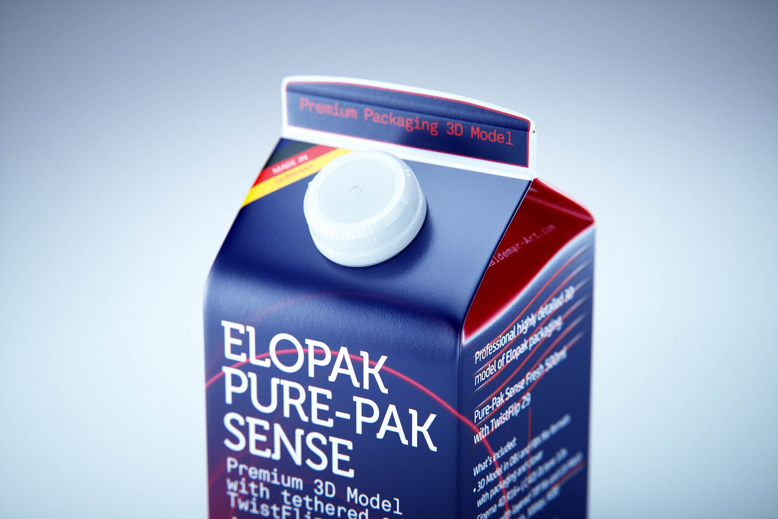Premium milk packaging 3D model of Elopak Pure-Pak Sense 500ml with tethered cap TwistFlip 29 - cluse-up view