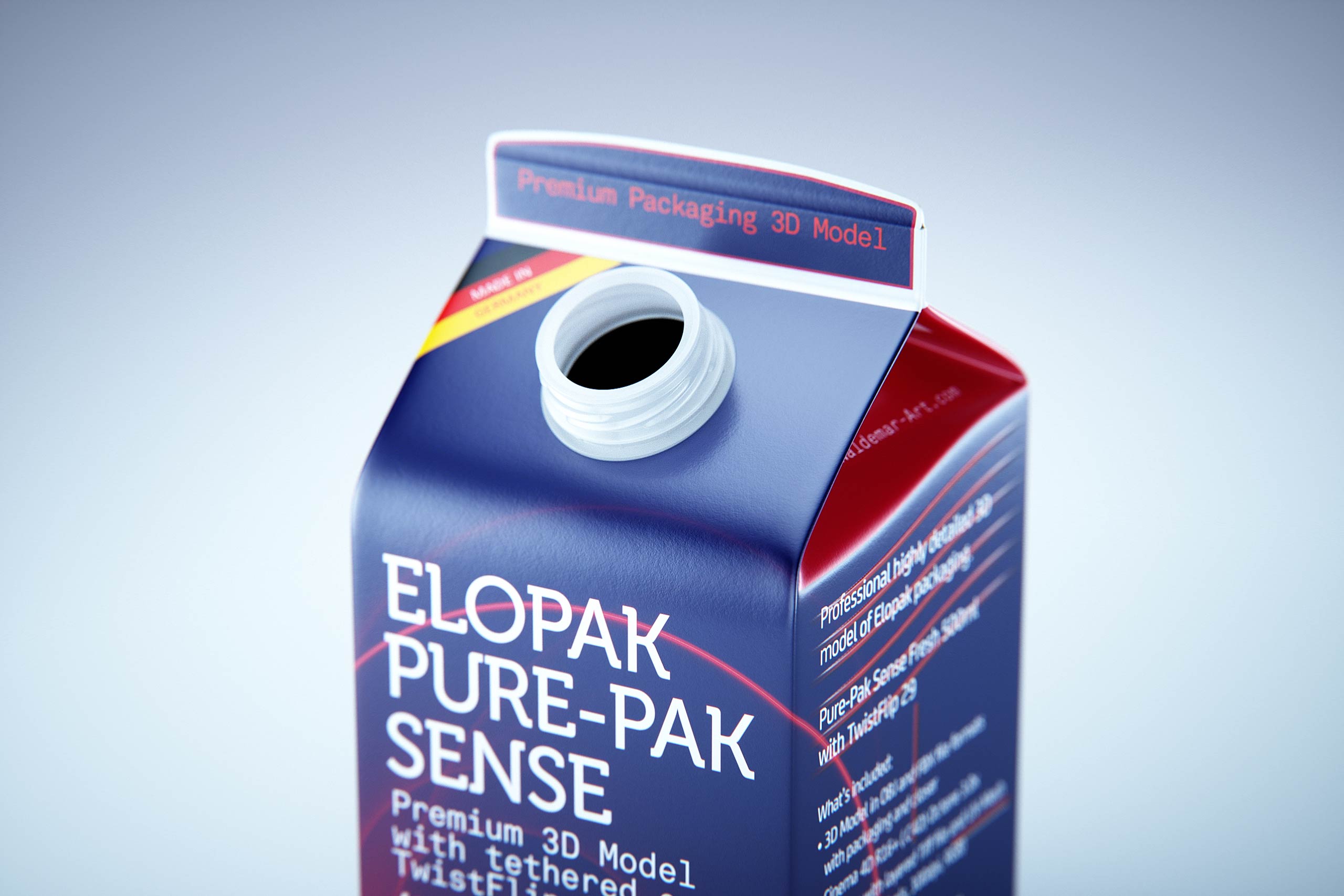 Premium milk packaging 3D model of Elopak Pure-Pak Sense 500ml with tethered cap TwistFlip 29 - opened view