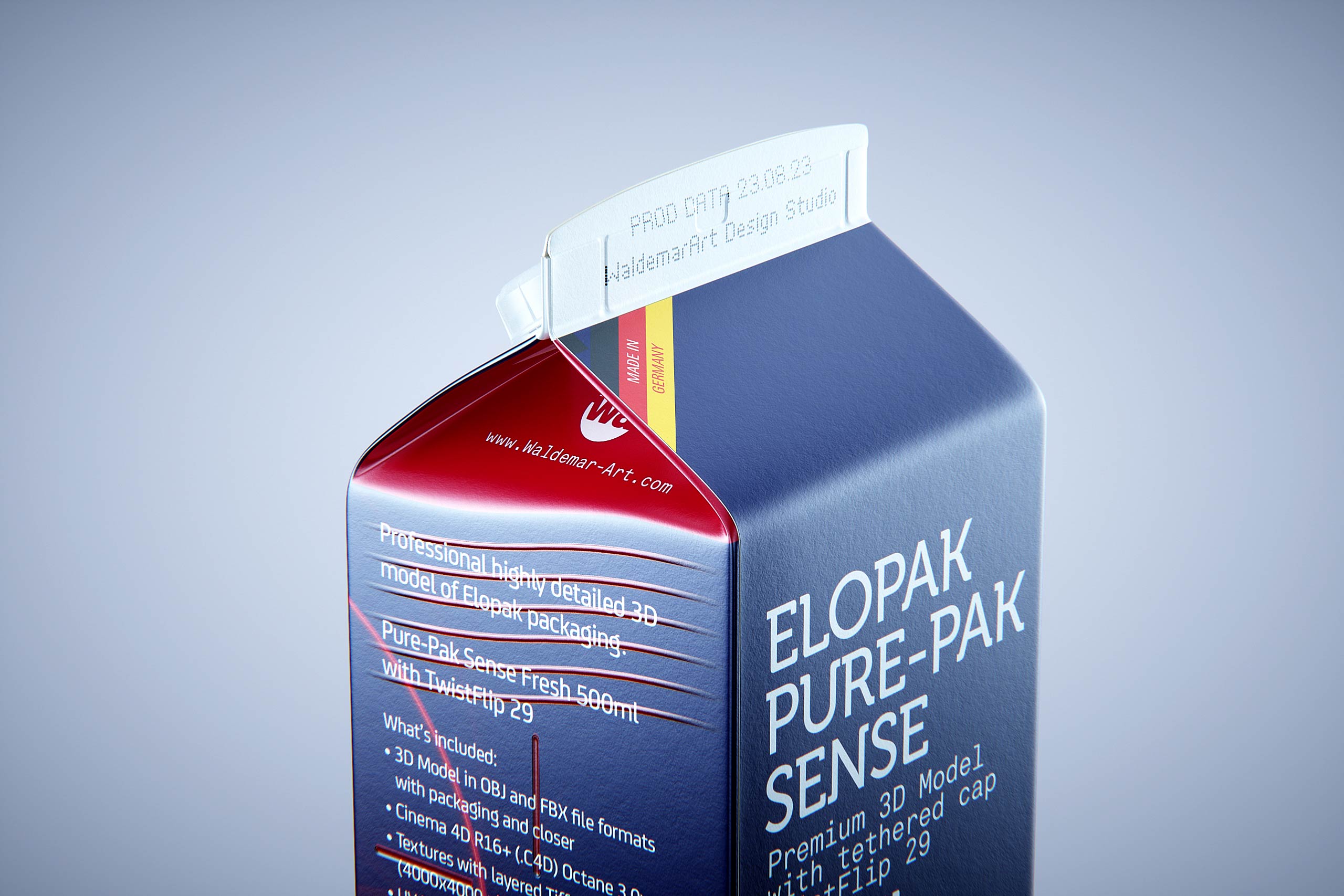 Premium milk packaging 3D model of Elopak Pure-Pak Sense 500ml with tethered cap TwistFlip 29 - back-side view