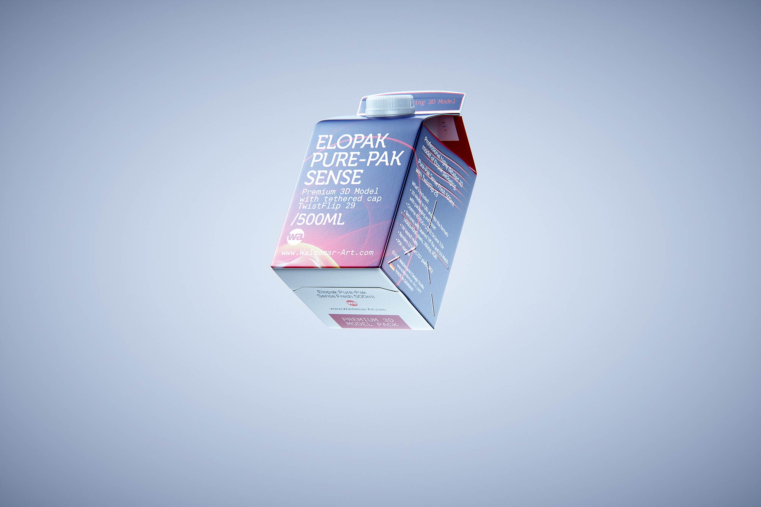 Premium milk packaging 3D model of Elopak Pure-Pak Sense 500ml with tethered cap TwistFlip 29 - front-bottom view