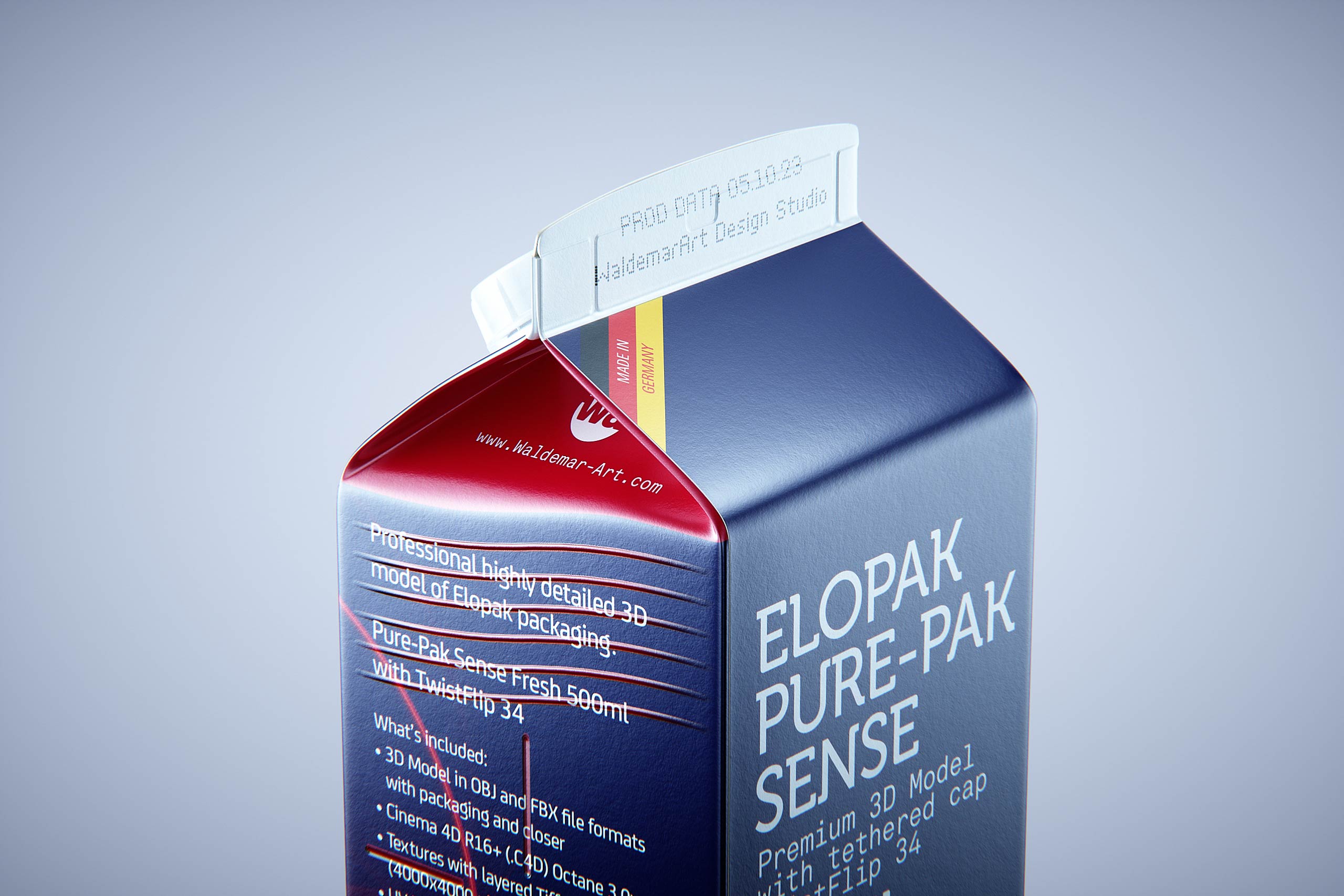 Premium milk carton packaging 3D model of Elopak Pure-Pak Sense 500ml with tethered cap TwistFlip 34