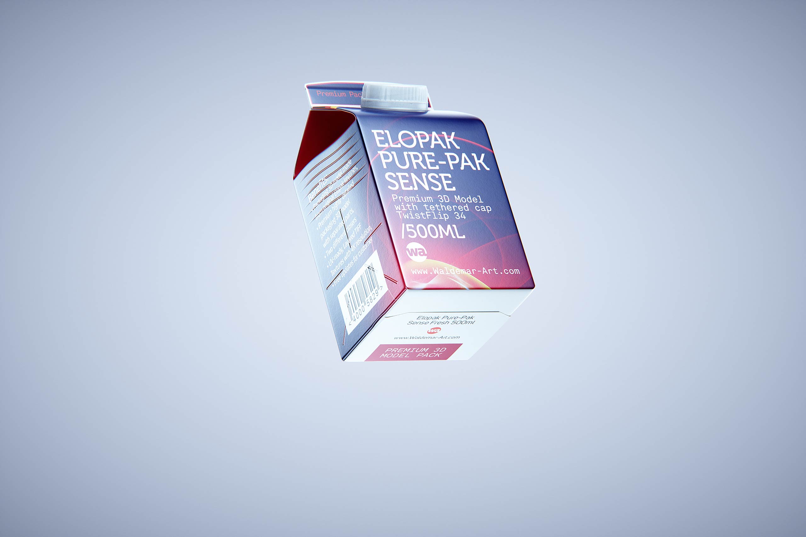Premium milk carton packaging 3D model of Elopak Pure-Pak Sense 500ml with tethered cap TwistFlip 34