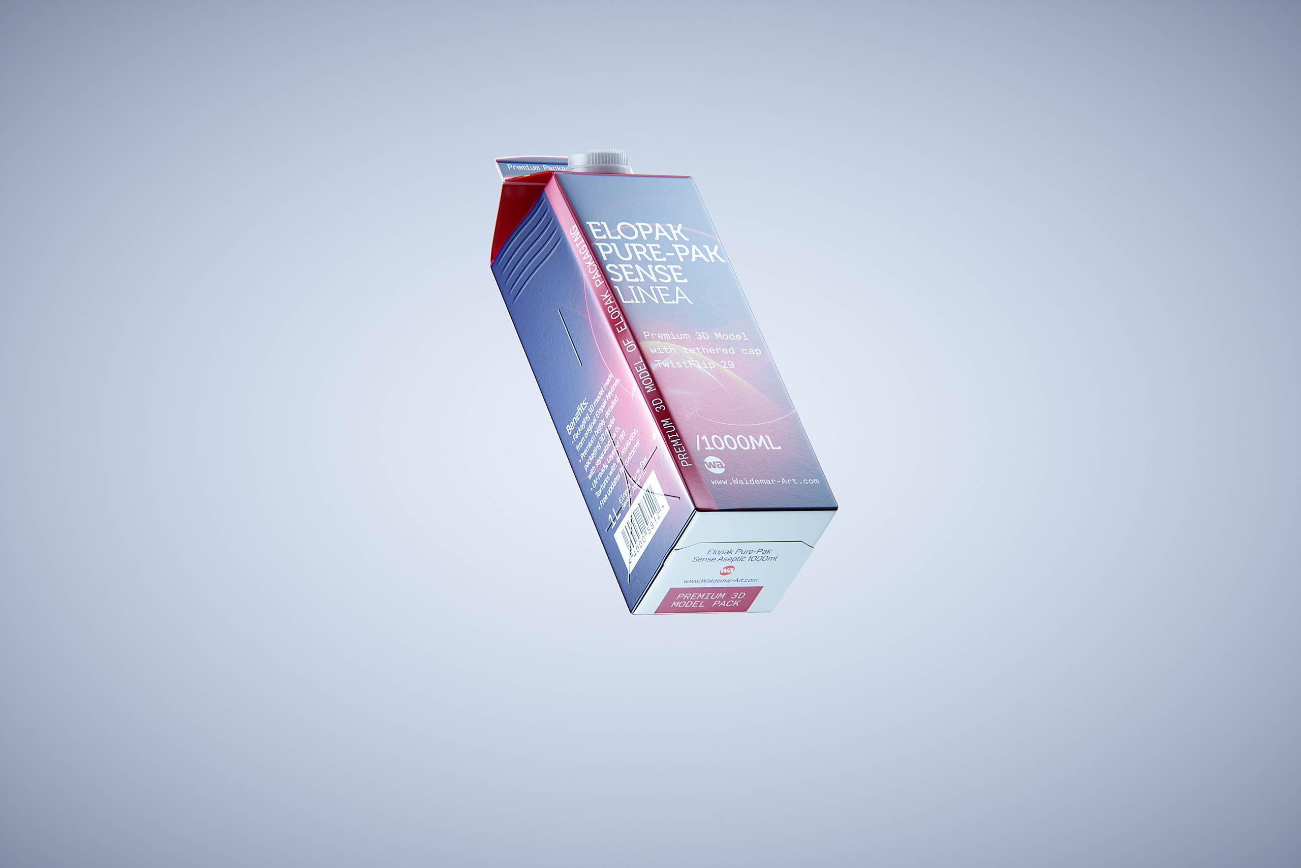 Premium carton packaging 3D model of Elopak Pure-Pak Sense Linea 1000ml with tethered cap TwistFlip 29