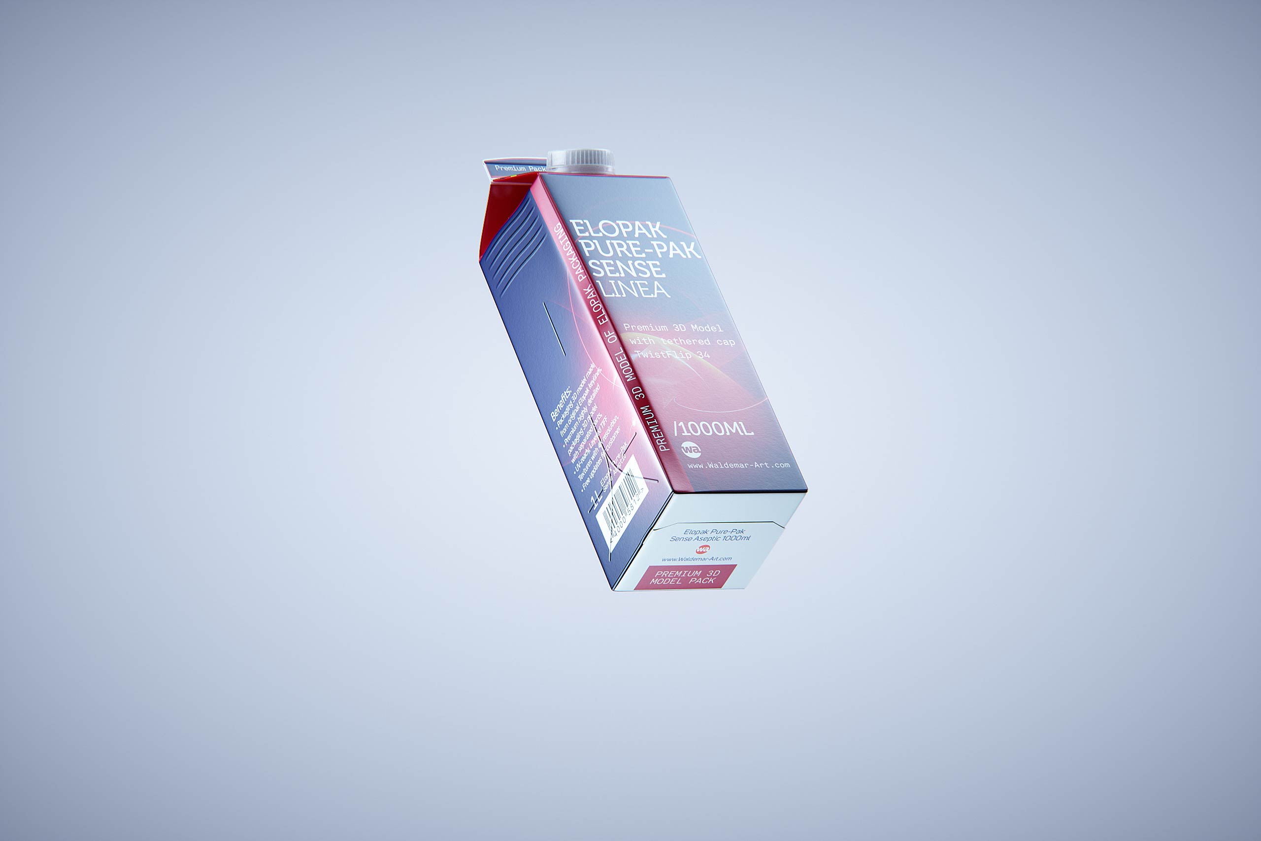 Premium carton packaging 3D model of Elopak Pure-Pak Sense Linea 1000ml with tethered cap TwistFlip 34