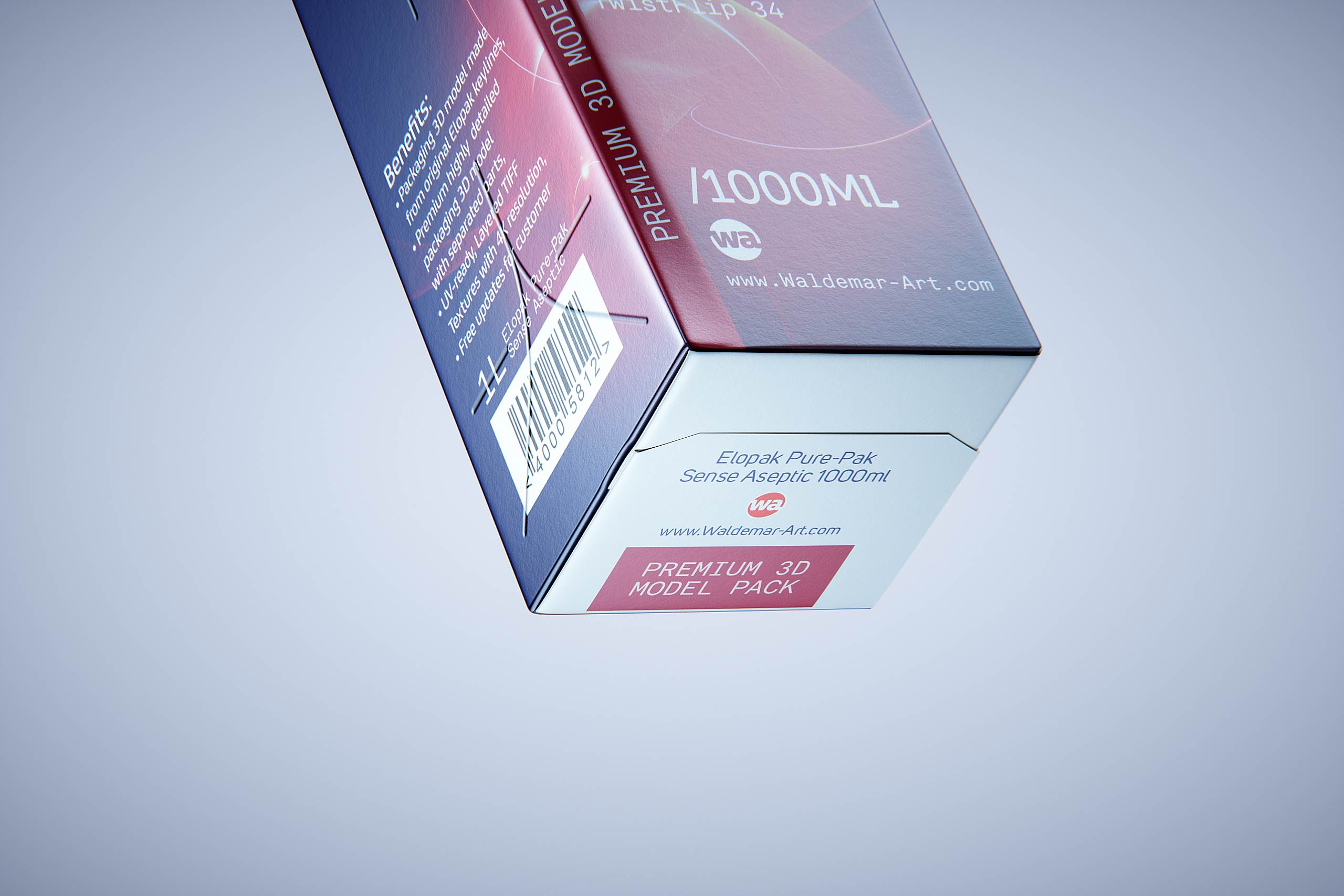 Premium carton packaging 3D model of Elopak Pure-Pak Sense Linea 1000ml with tethered cap TwistFlip 34