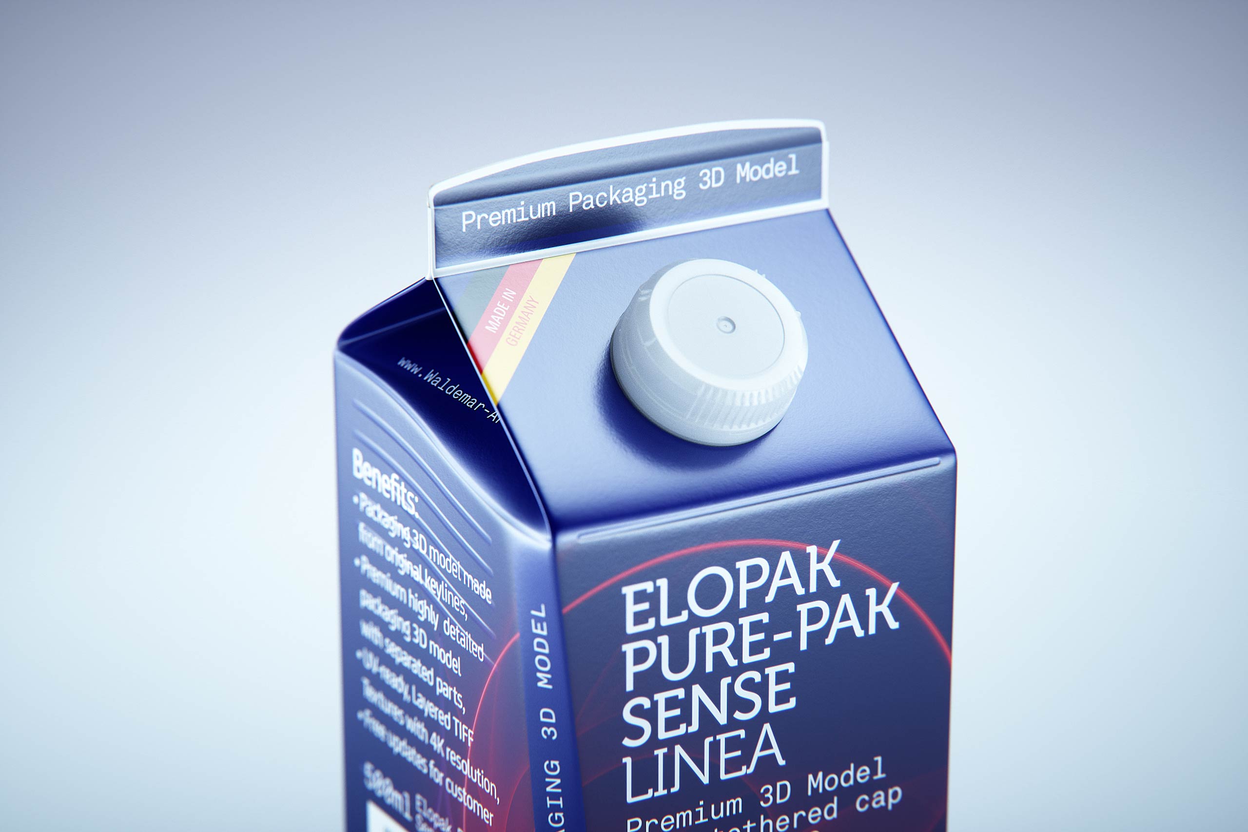Premium carton packaging 3D model of Elopak Pure-Pak Sense Linea 500ml with tethered cap TwistFlip 29 - close-up view
