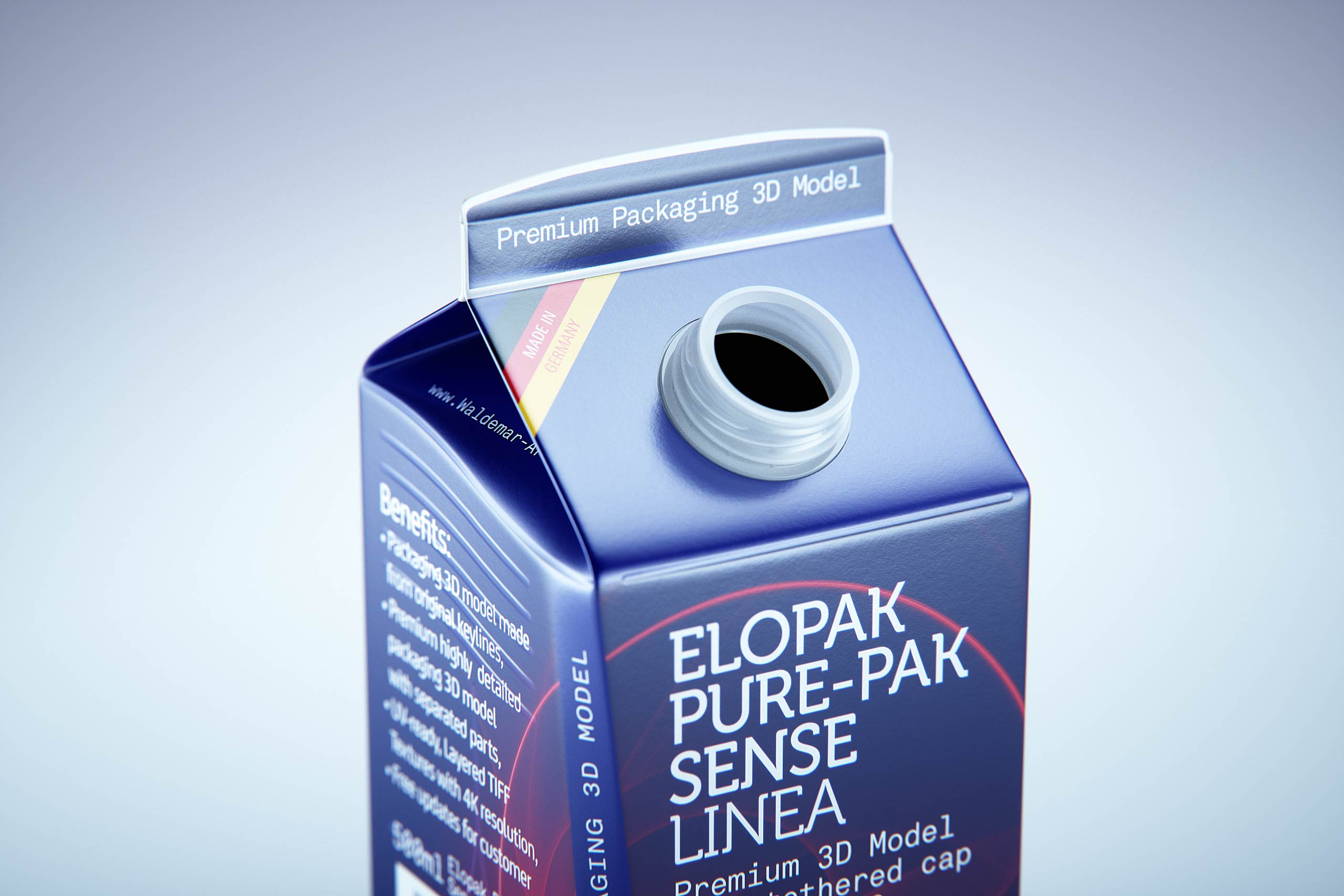 Premium carton packaging 3D model of Elopak Pure-Pak Sense Linea 500ml with tethered cap TwistFlip 29 - opened view