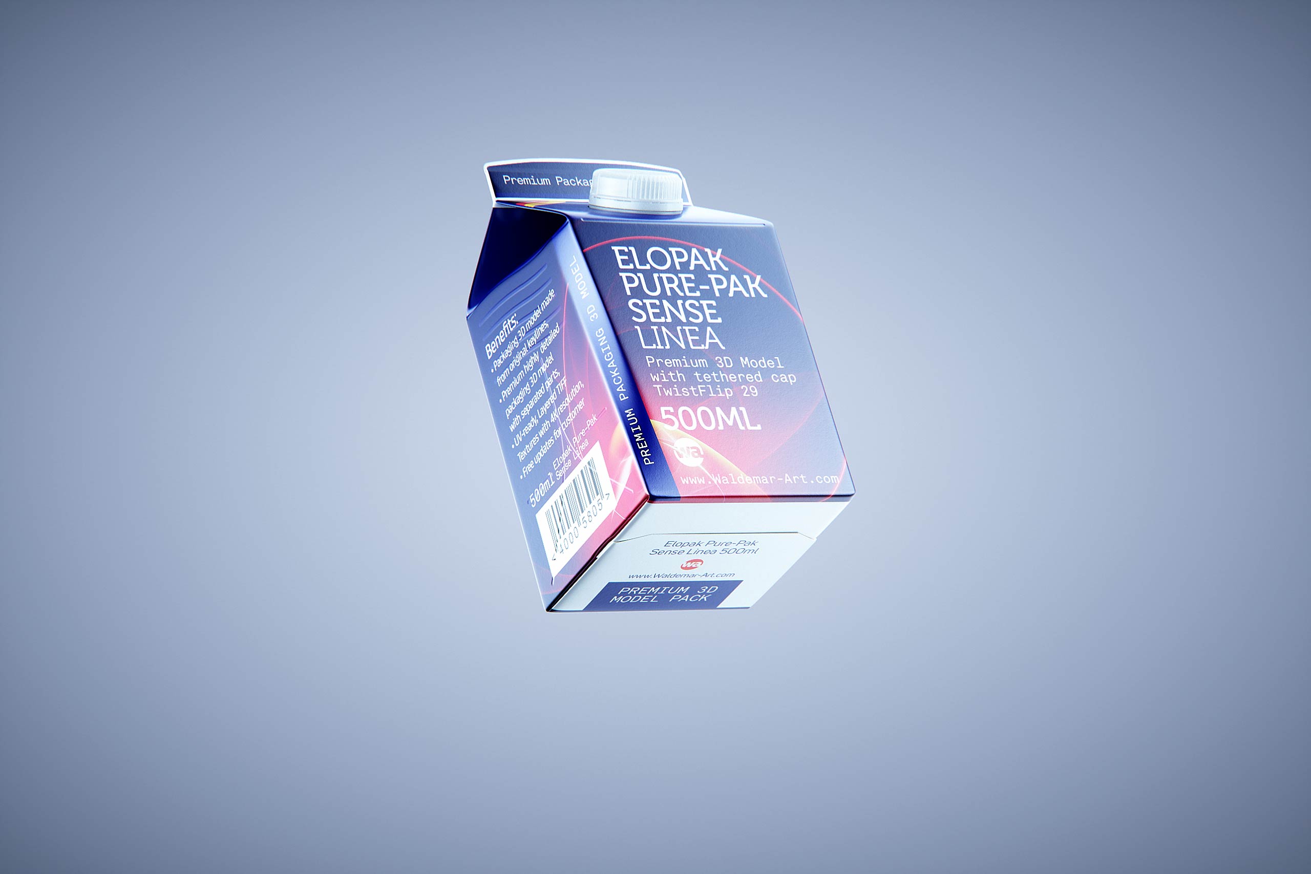 Premium carton packaging 3D model of Elopak Pure-Pak Sense Linea 500ml with tethered cap TwistFlip 29 - front-bottom view