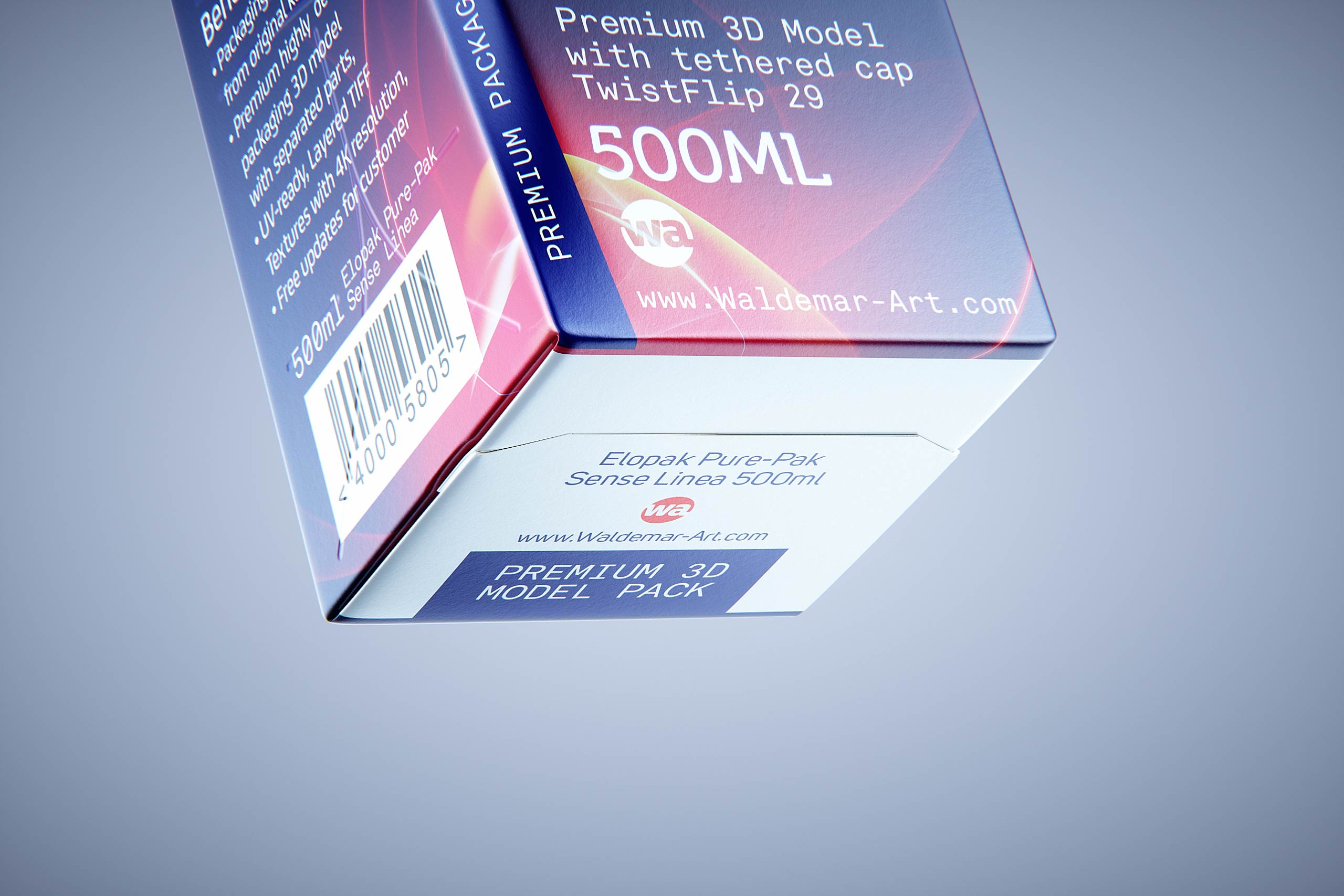 Premium carton packaging 3D model of Elopak Pure-Pak Sense Linea 500ml with tethered cap TwistFlip 29 - close-up, front-bottom v