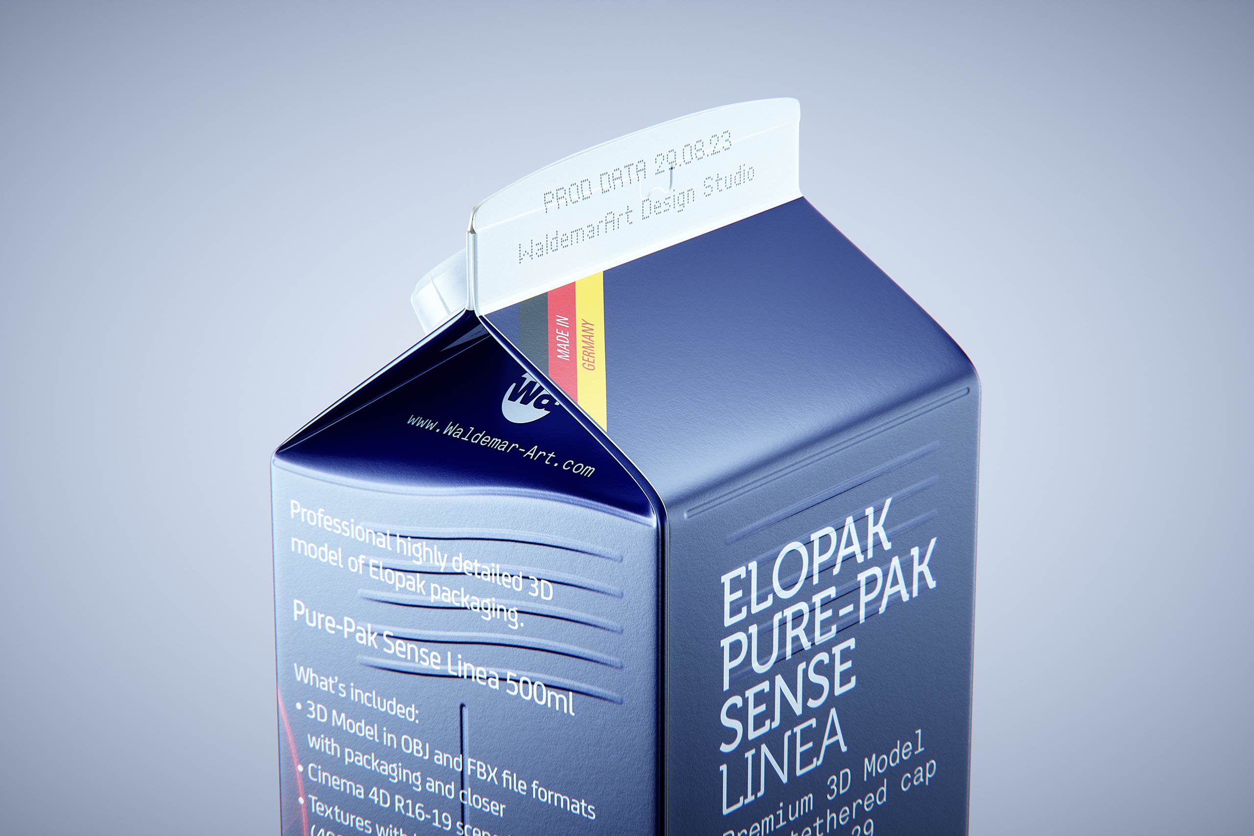 Premium carton packaging 3D model of Elopak Pure-Pak Sense Linea 500ml with tethered cap TwistFlip 29 - side-back view