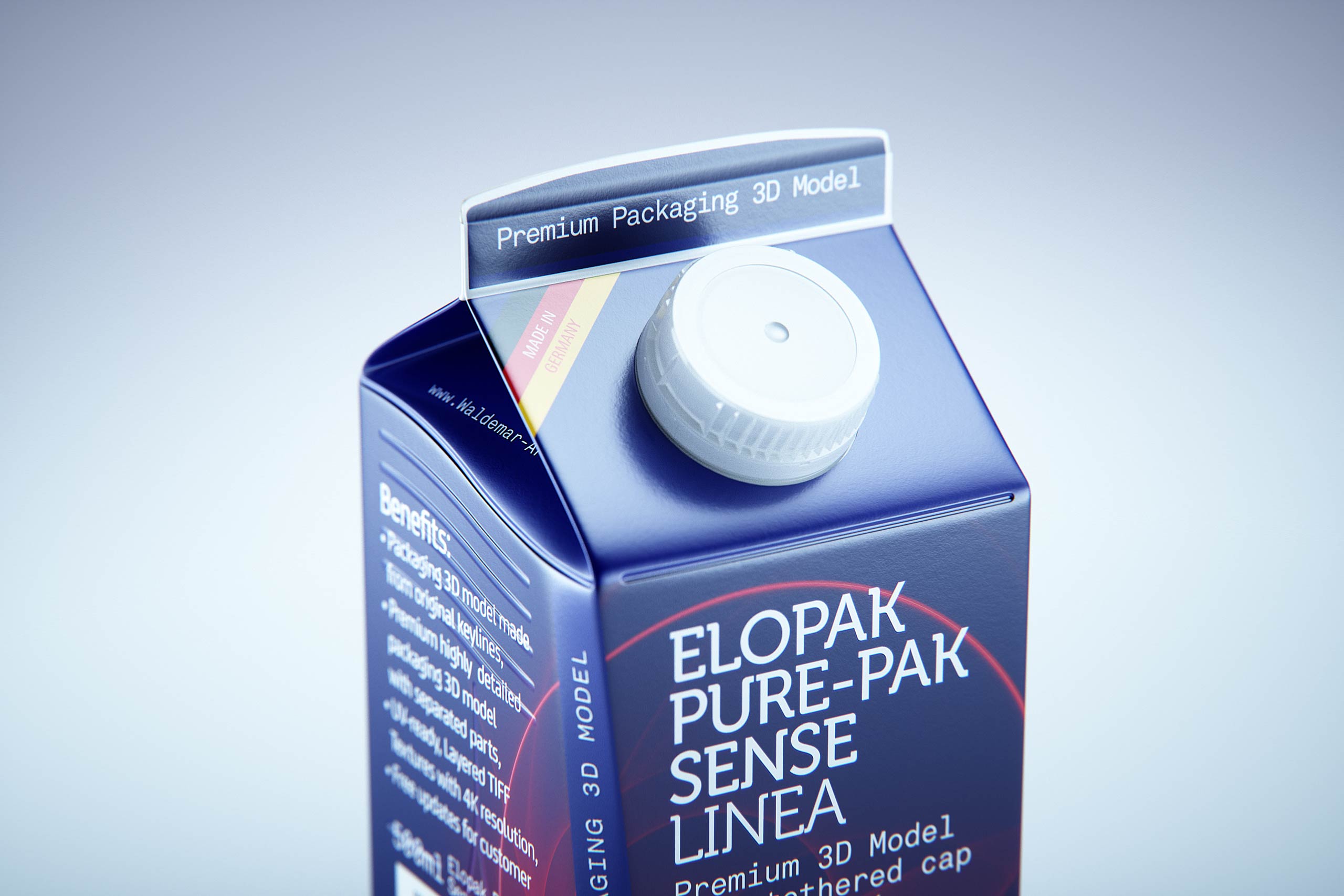 Premium carton packaging 3D model of Elopak Pure-Pak Sense Linea 500ml with tethered cap TwistFlip 34 - close-up view