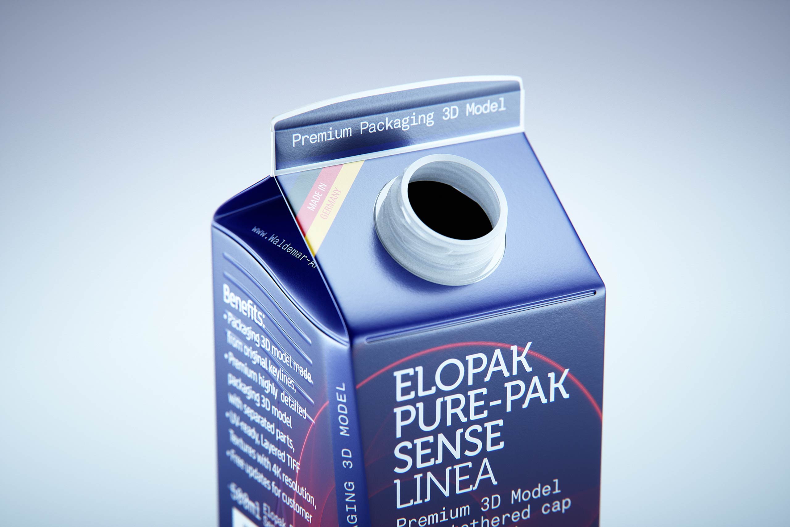 Premium carton packaging 3D model of Elopak Pure-Pak Sense Linea 500ml with tethered cap TwistFlip 34 - opened view