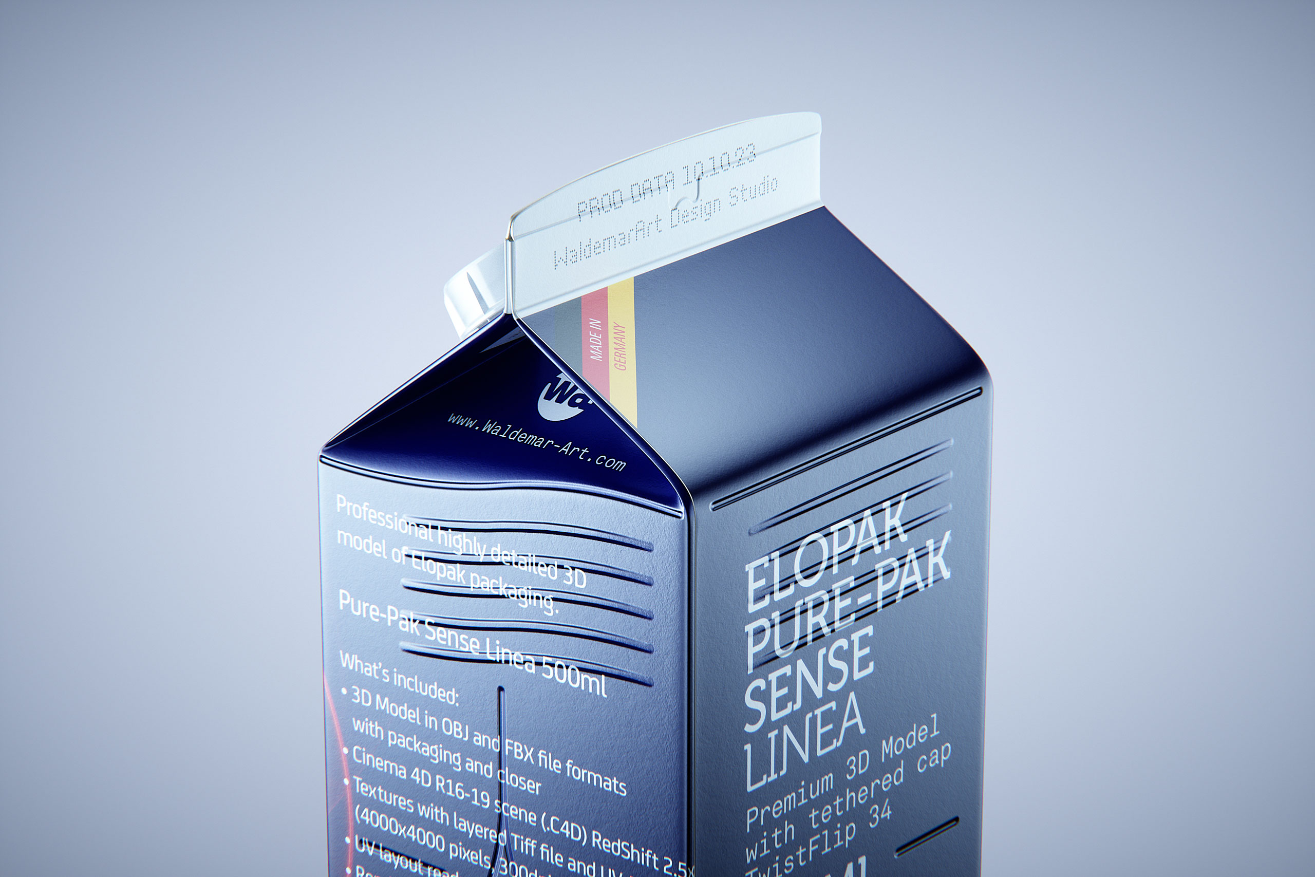 Premium carton packaging 3D model of Elopak Pure-Pak Sense Linea 500ml with tethered cap TwistFlip 34 - back-side view