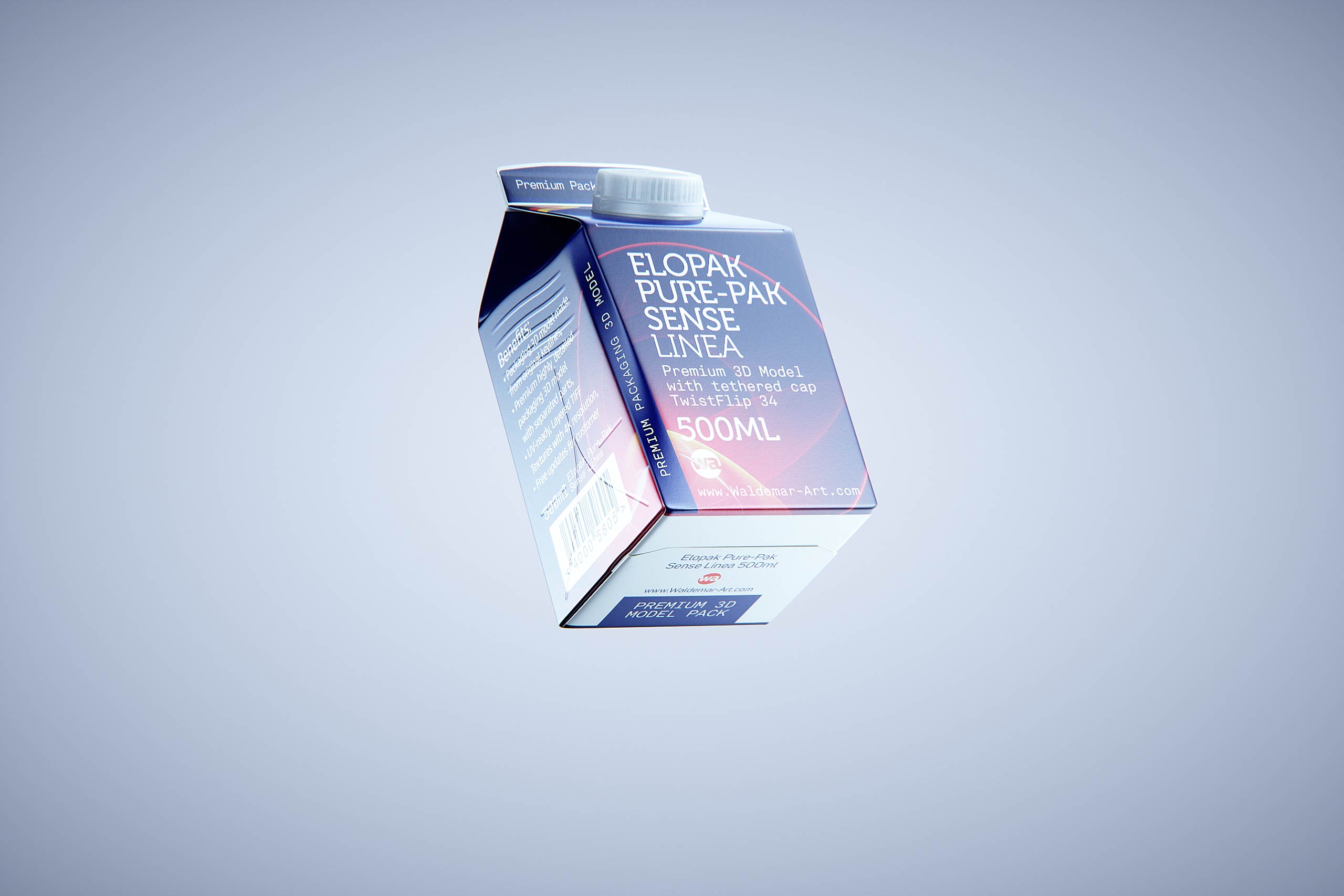 Premium carton packaging 3D model of Elopak Pure-Pak Sense Linea 500ml with tethered cap TwistFlip 34 - front-bottom view